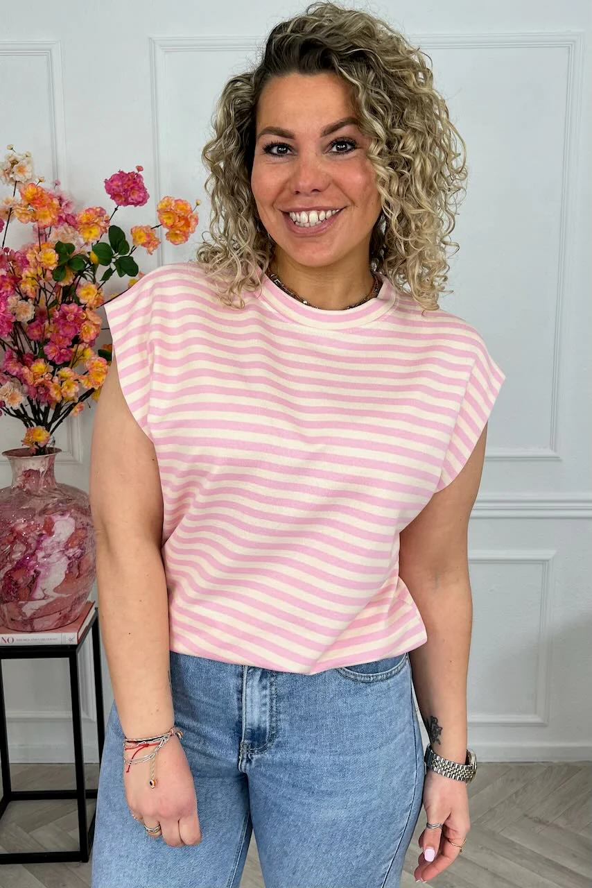 Cap Sleeve Striped Shirt - Light Yellow/Light Pink - Image 2