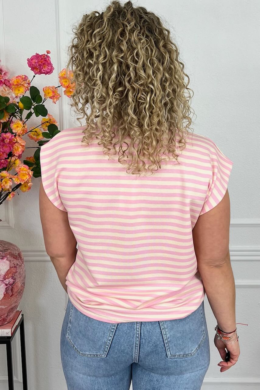 Cap Sleeve Striped Shirt - Light Yellow/Light Pink - Image 3