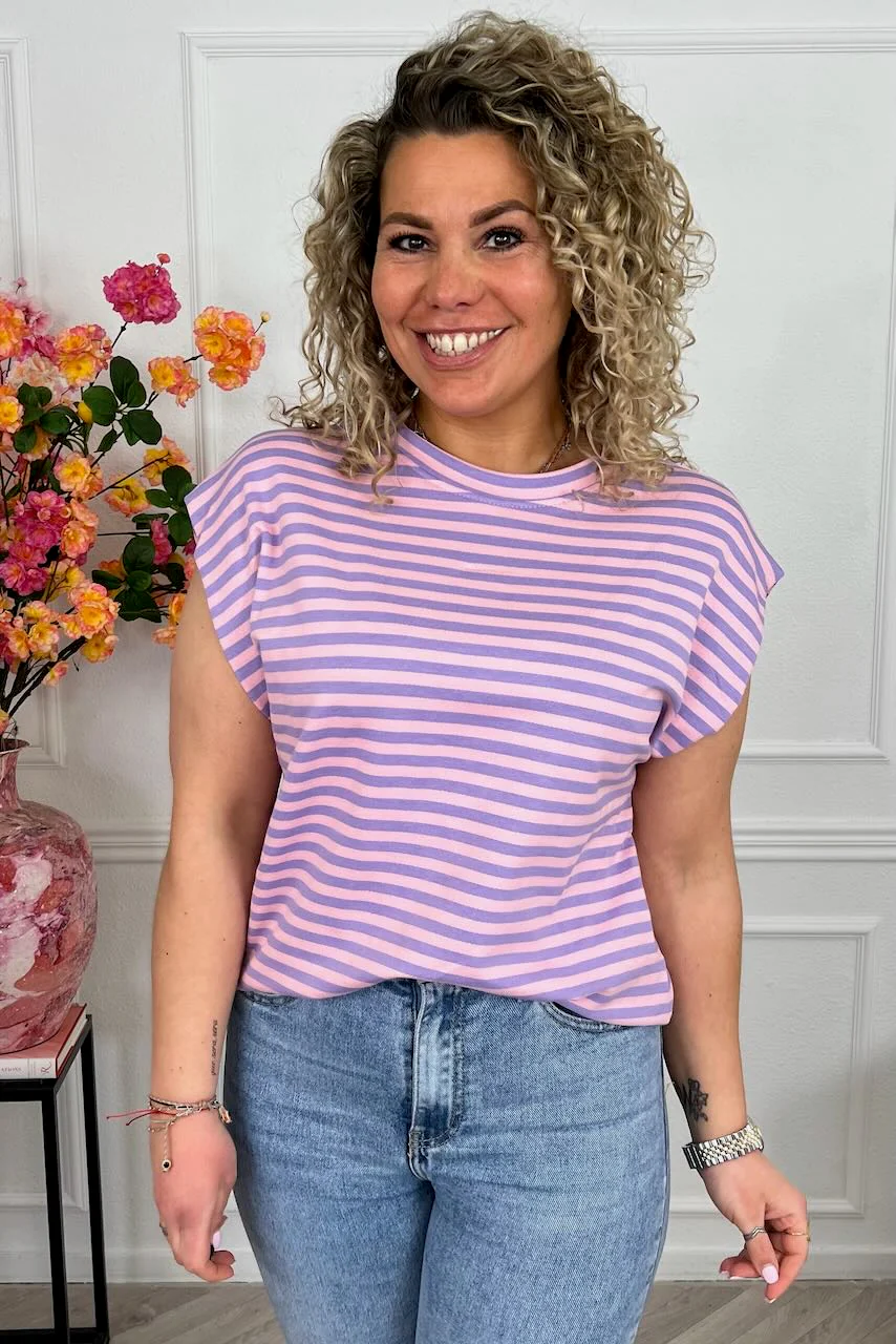 Cap Sleeve Striped Shirt - Lila/Pink