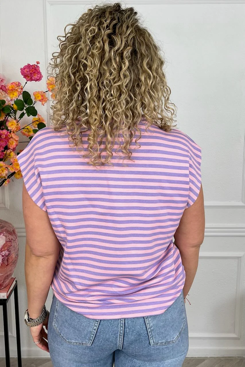 Cap Sleeve Striped Shirt - Lila/Pink - Image 2