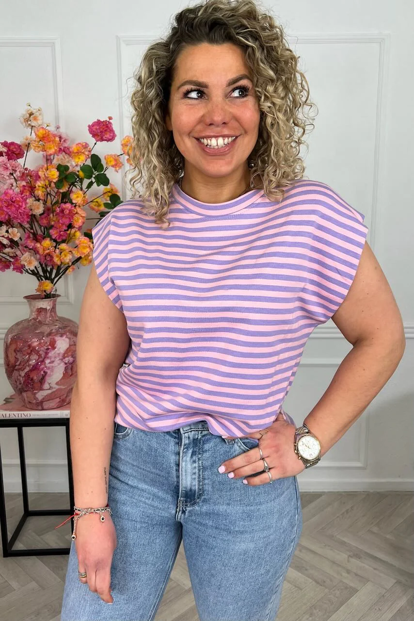 Cap Sleeve Striped Shirt - Lila/Pink - Image 4