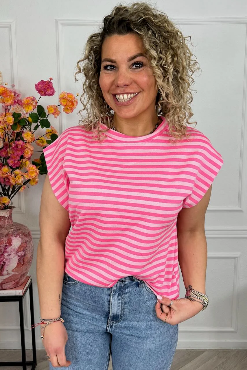 Cap Sleeve Striped Shirt - Pink/Light Pink