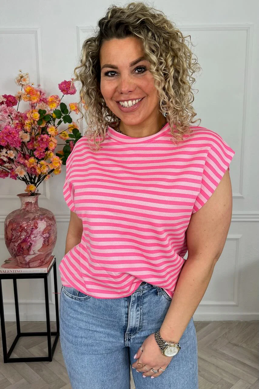Cap Sleeve Striped Shirt - Pink/Light Pink - Image 2