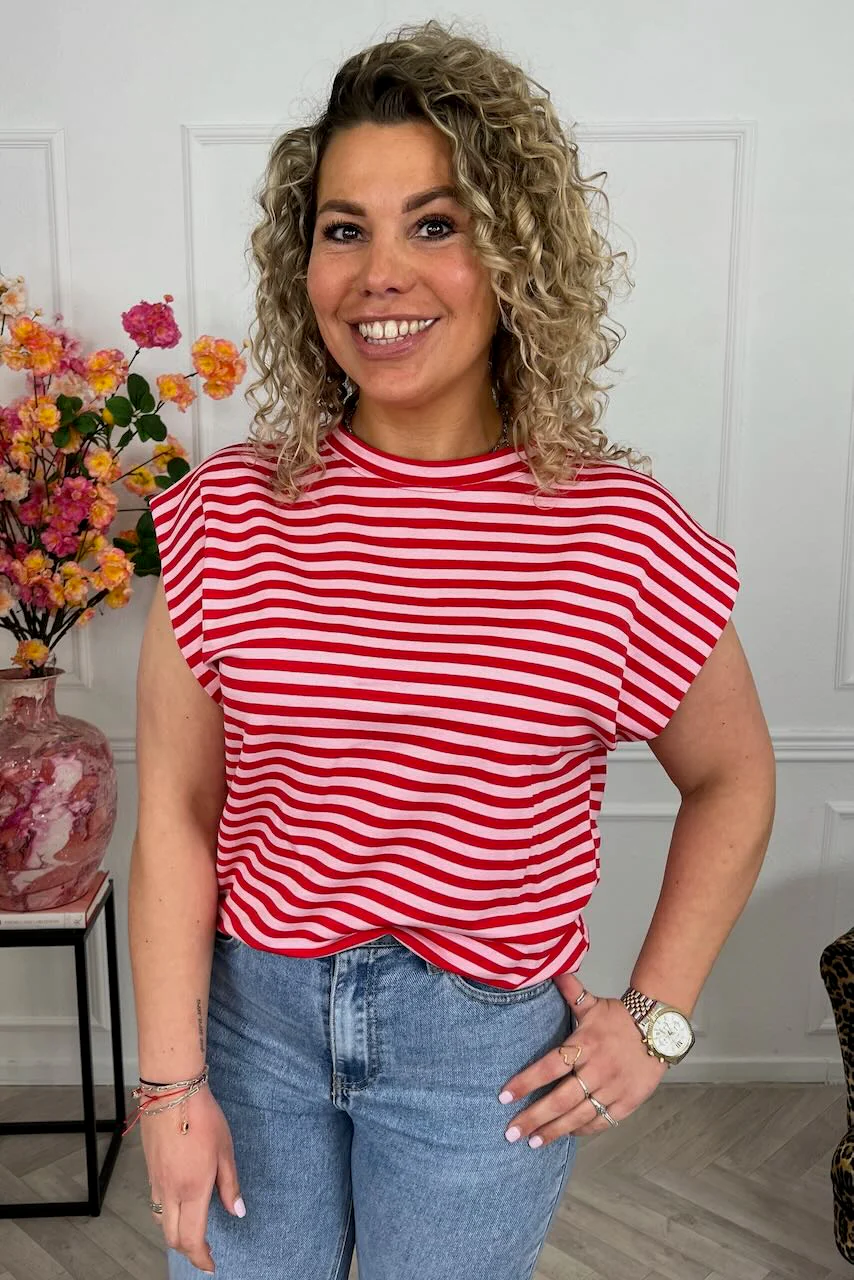 Cap Sleeve Striped Shirt - Red/Light Pink