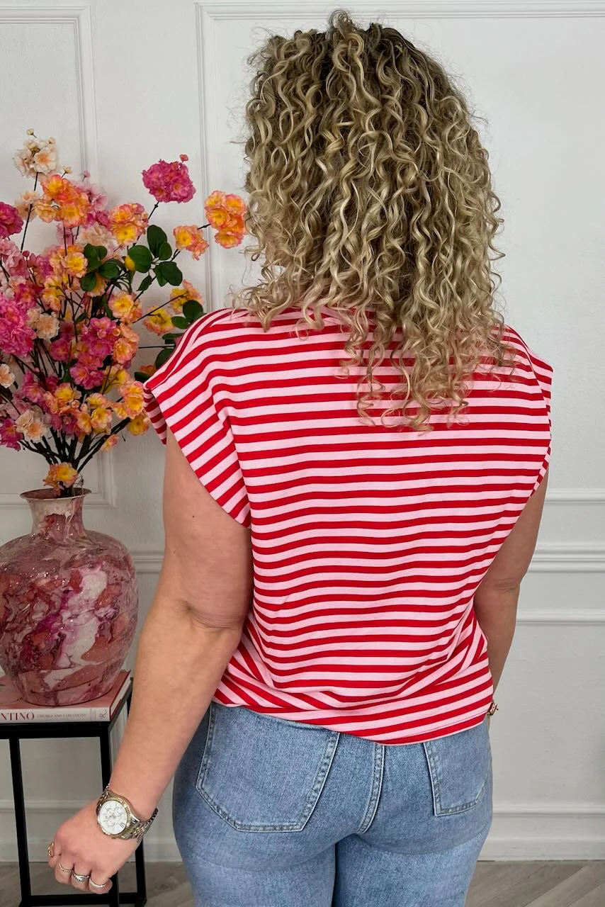 Cap Sleeve Striped Shirt - Red/Light Pink - Image 3