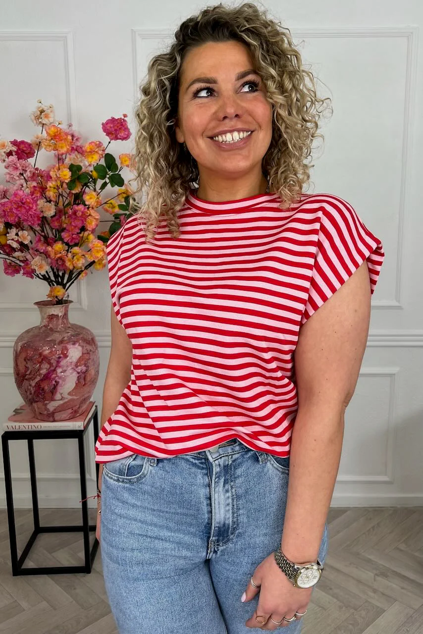 Cap Sleeve Striped Shirt - Red/Light Pink - Image 4