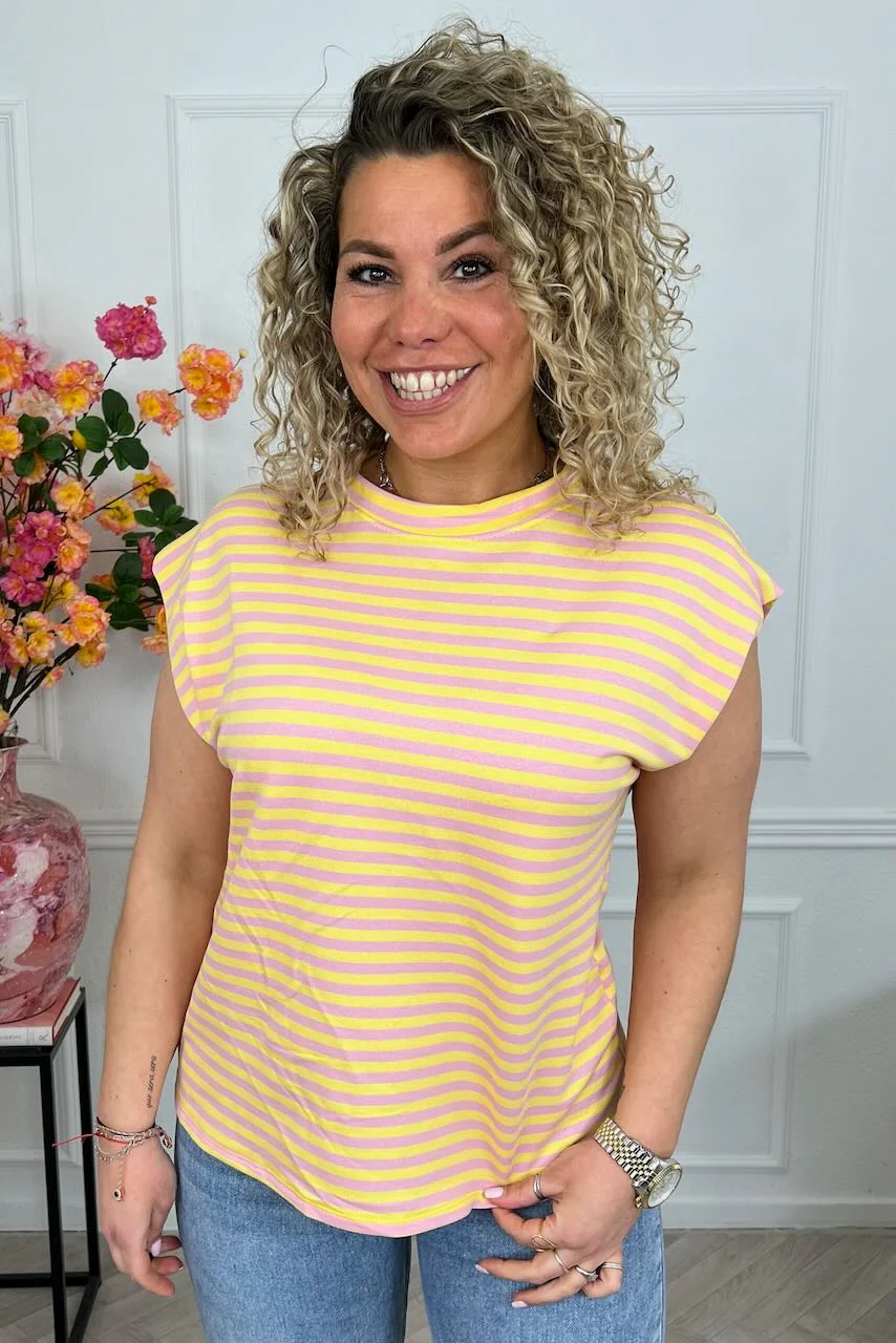 Cap Sleeve Striped Shirt - Yellow/Light Pink
