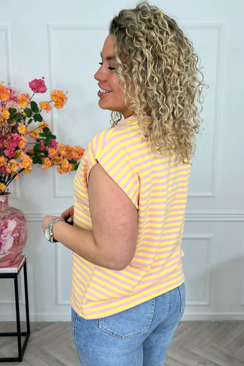 Cap Sleeve Striped Shirt - Yellow/Light Pink - Image 3