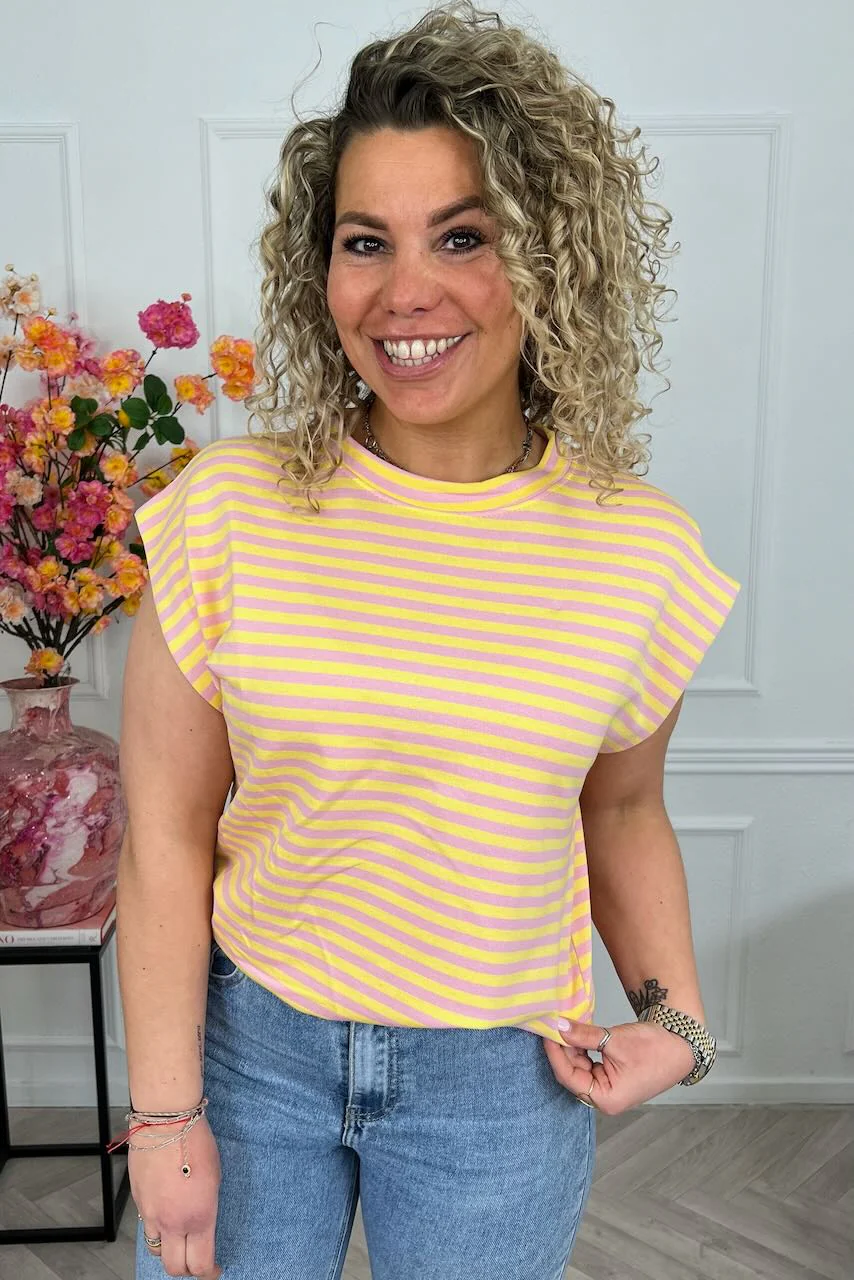 Cap Sleeve Striped Shirt - Yellow/Light Pink - Image 4