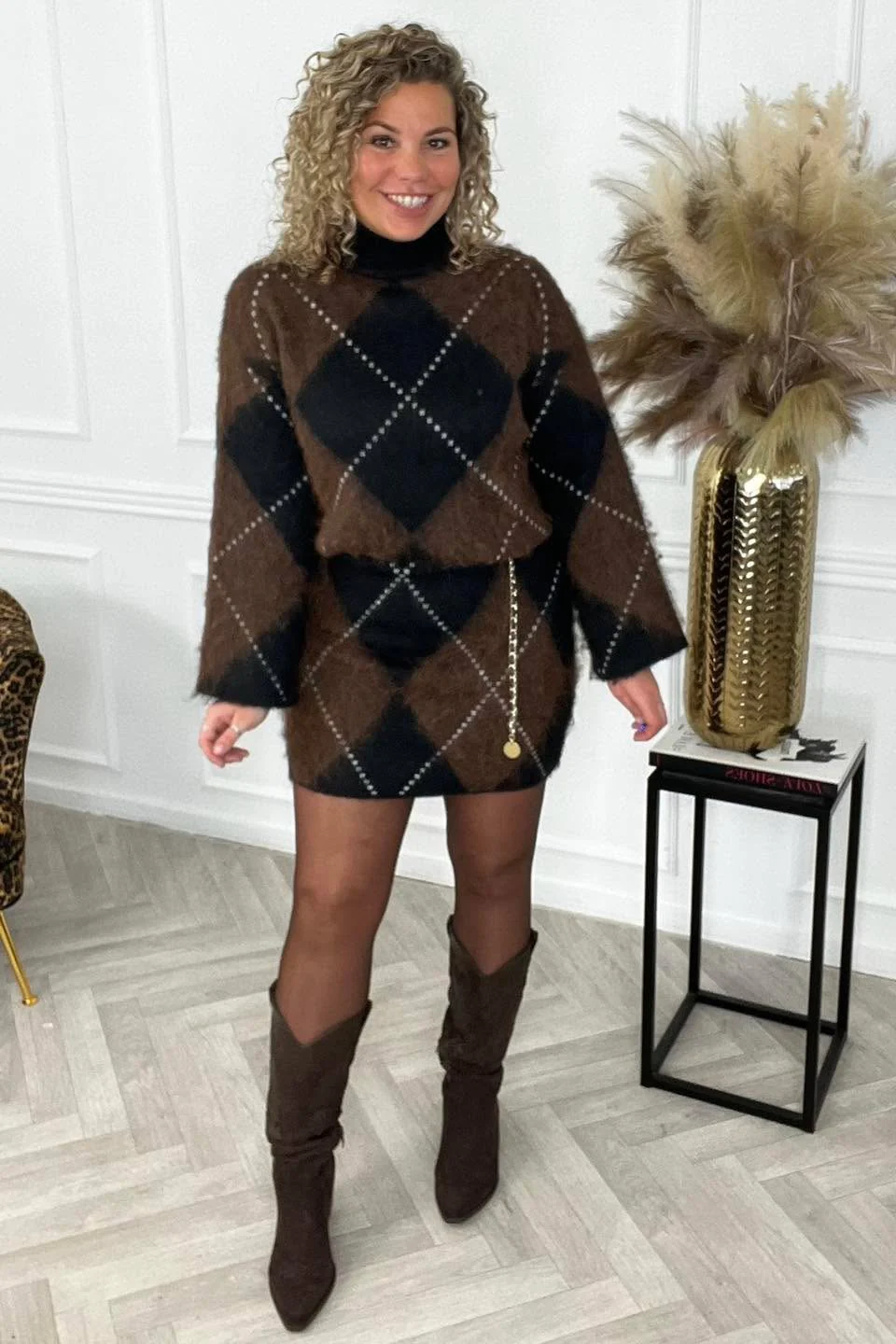 Cecile Checkered Skirt - Brown