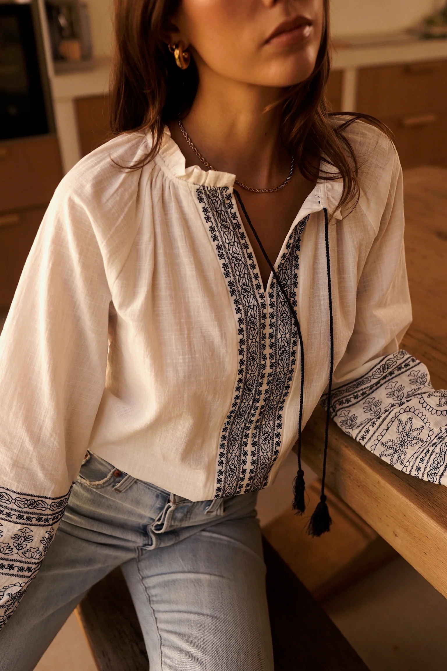Cécile Embroidered Blouse - White/Blue