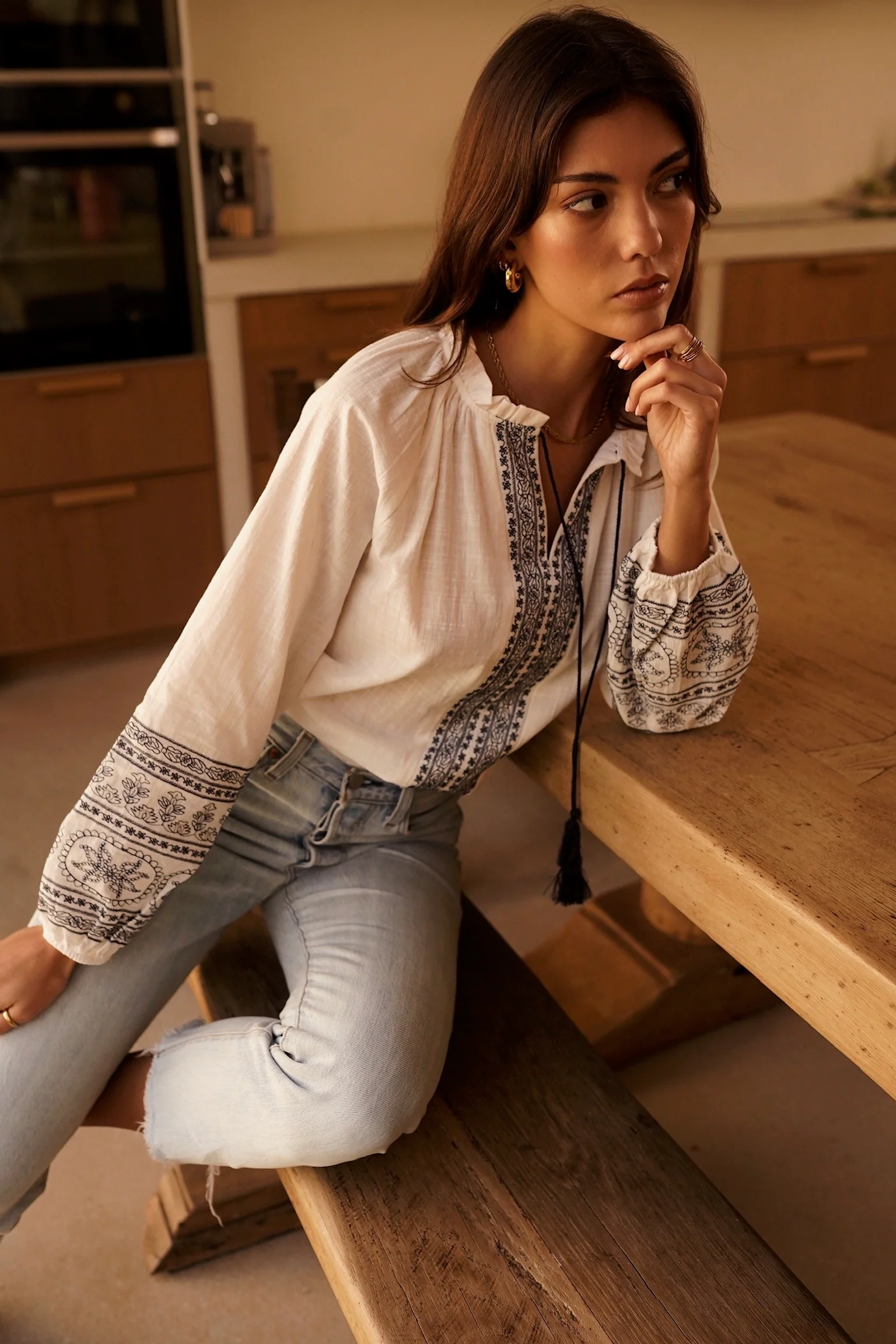 Cécile Embroidered Blouse - White/Blue - Image 2