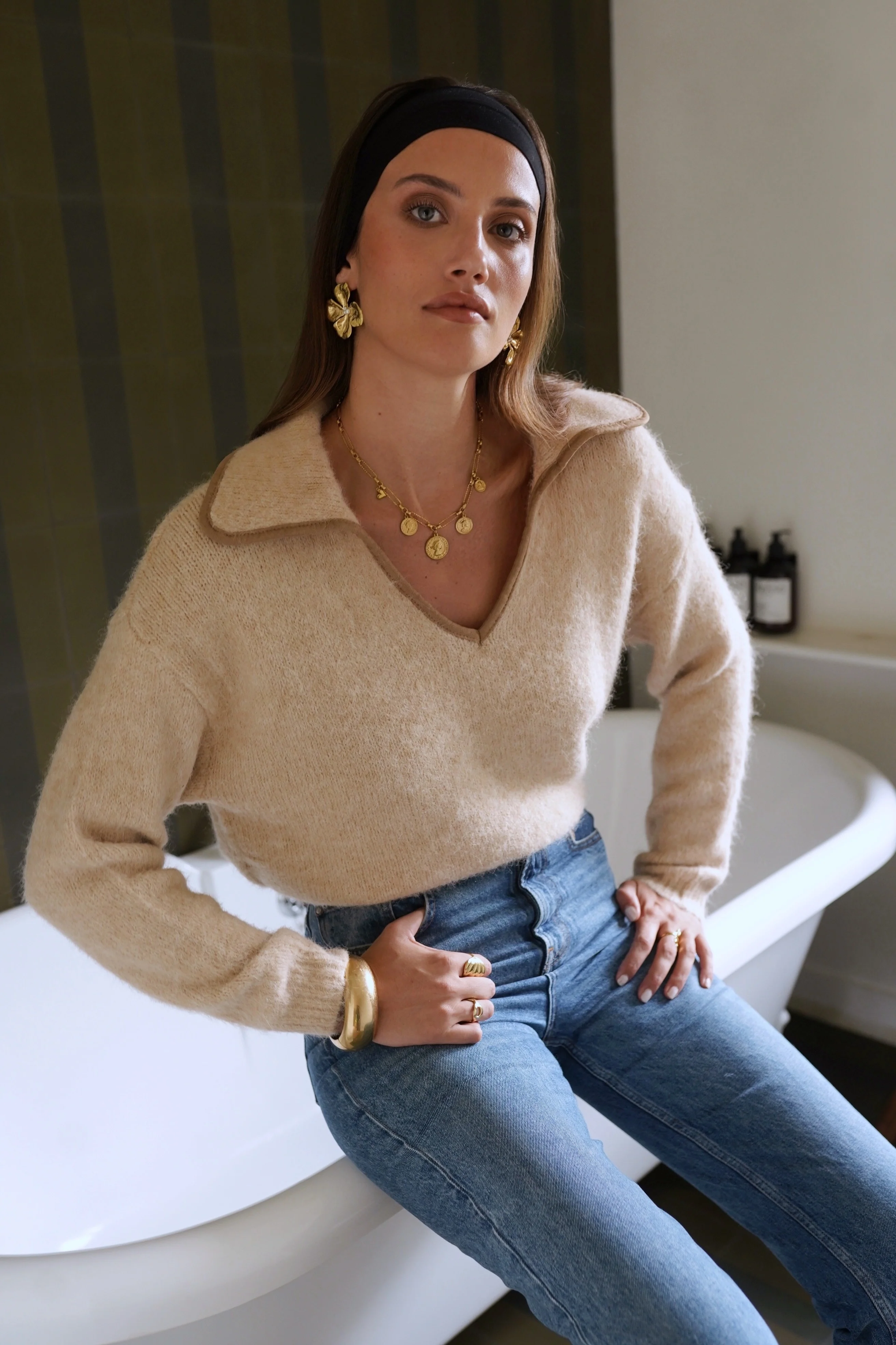 Celeste V Neck Sweater - Creme - Image 7
