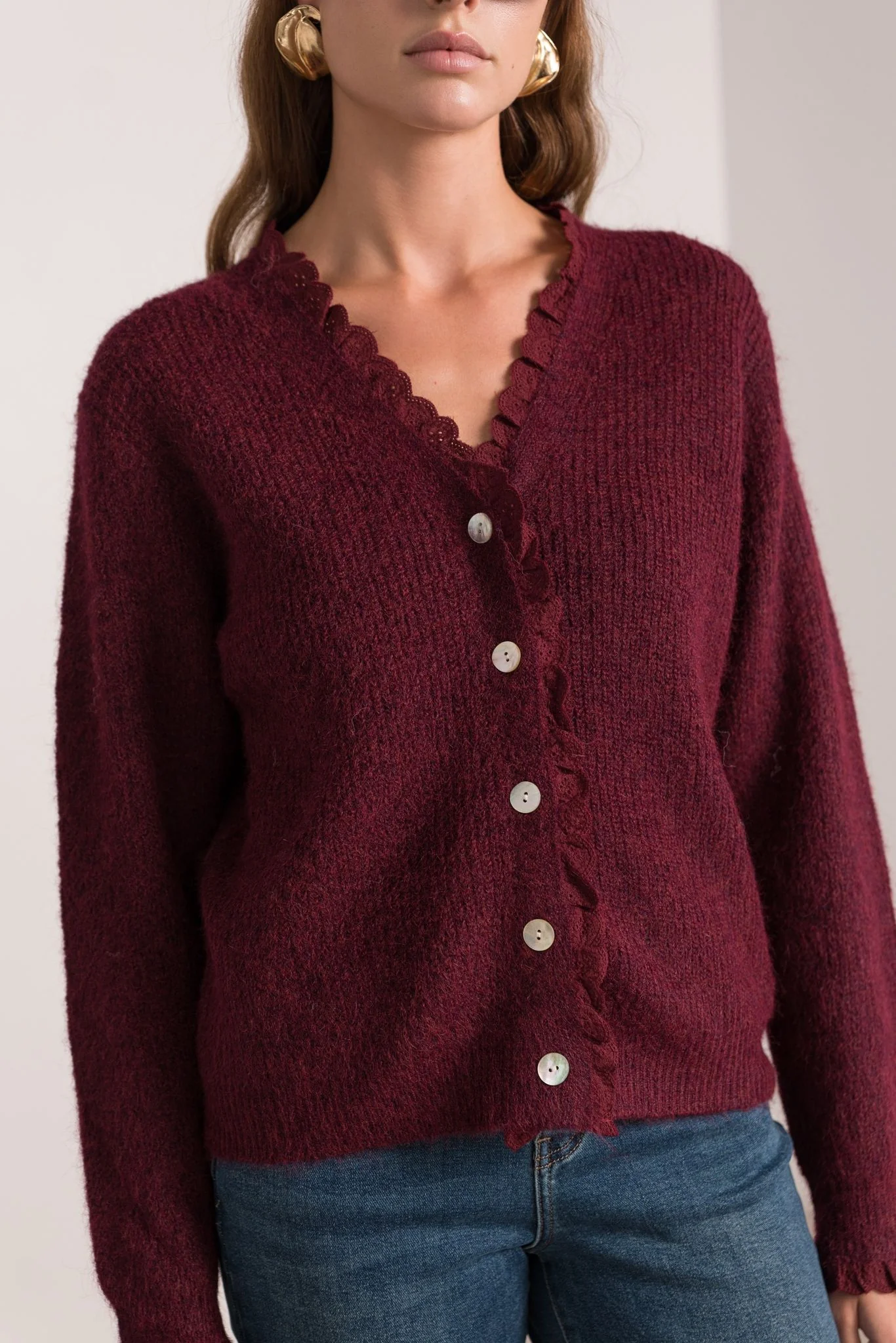 Chantal Button Lace Vest - Bordeaux