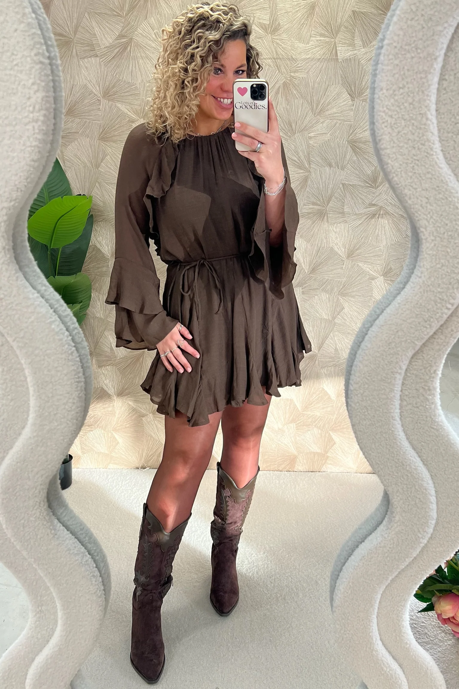 Chelsea Ruffle Dress - Brown - Image 5