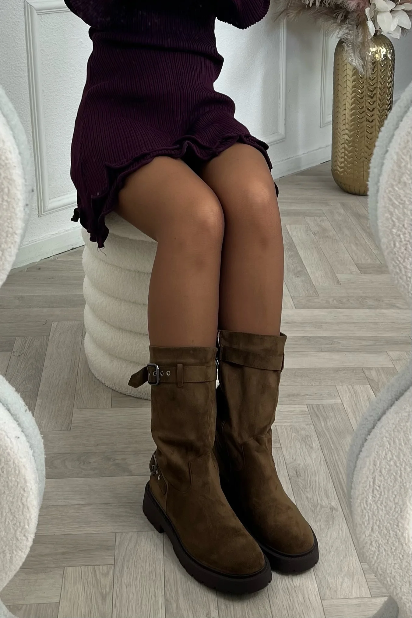 Chunky Buckle Boots - Brown - Image 4
