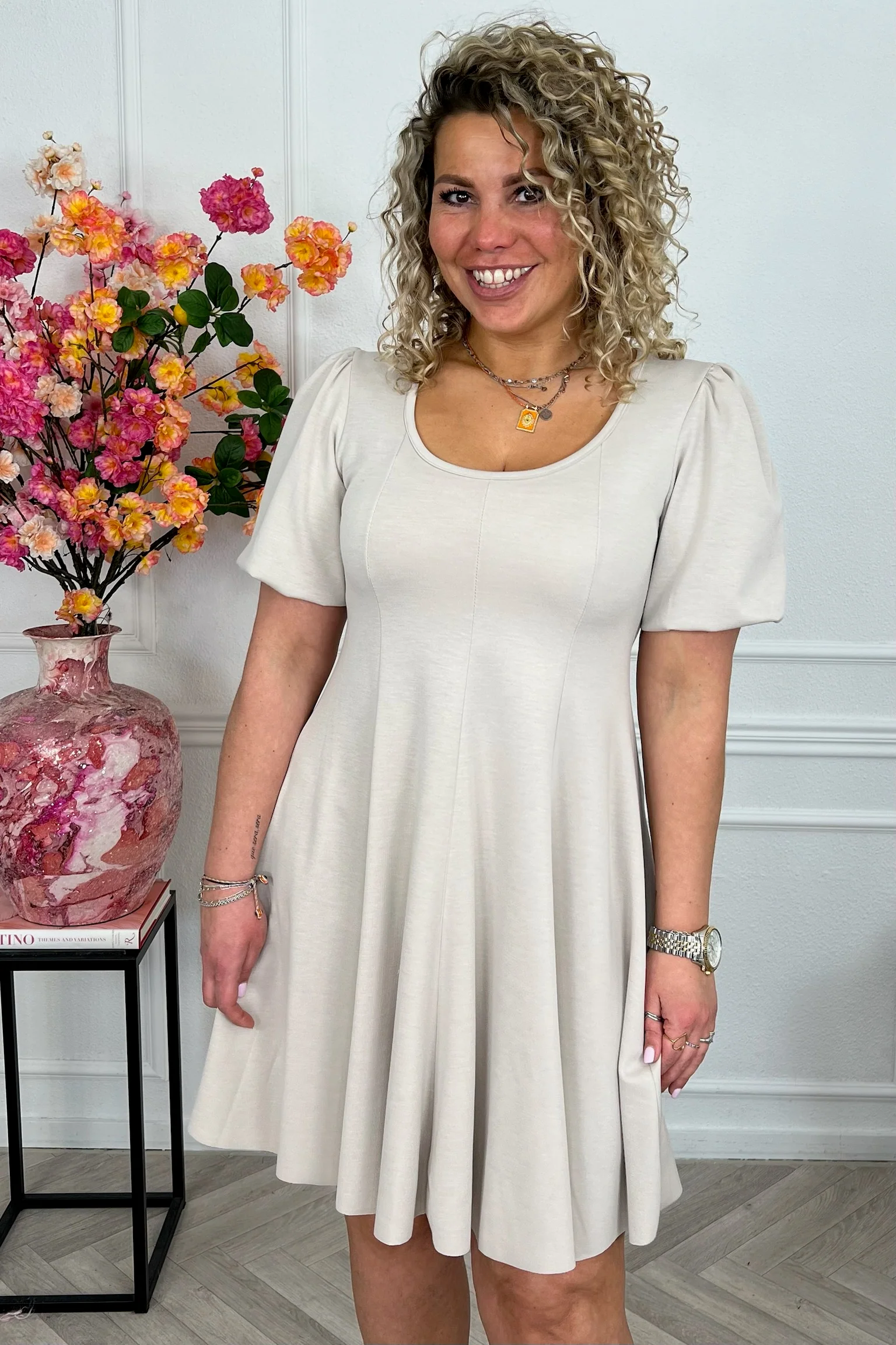 Classy A Line Puffy Sleeve Dress - Beige - Image 3