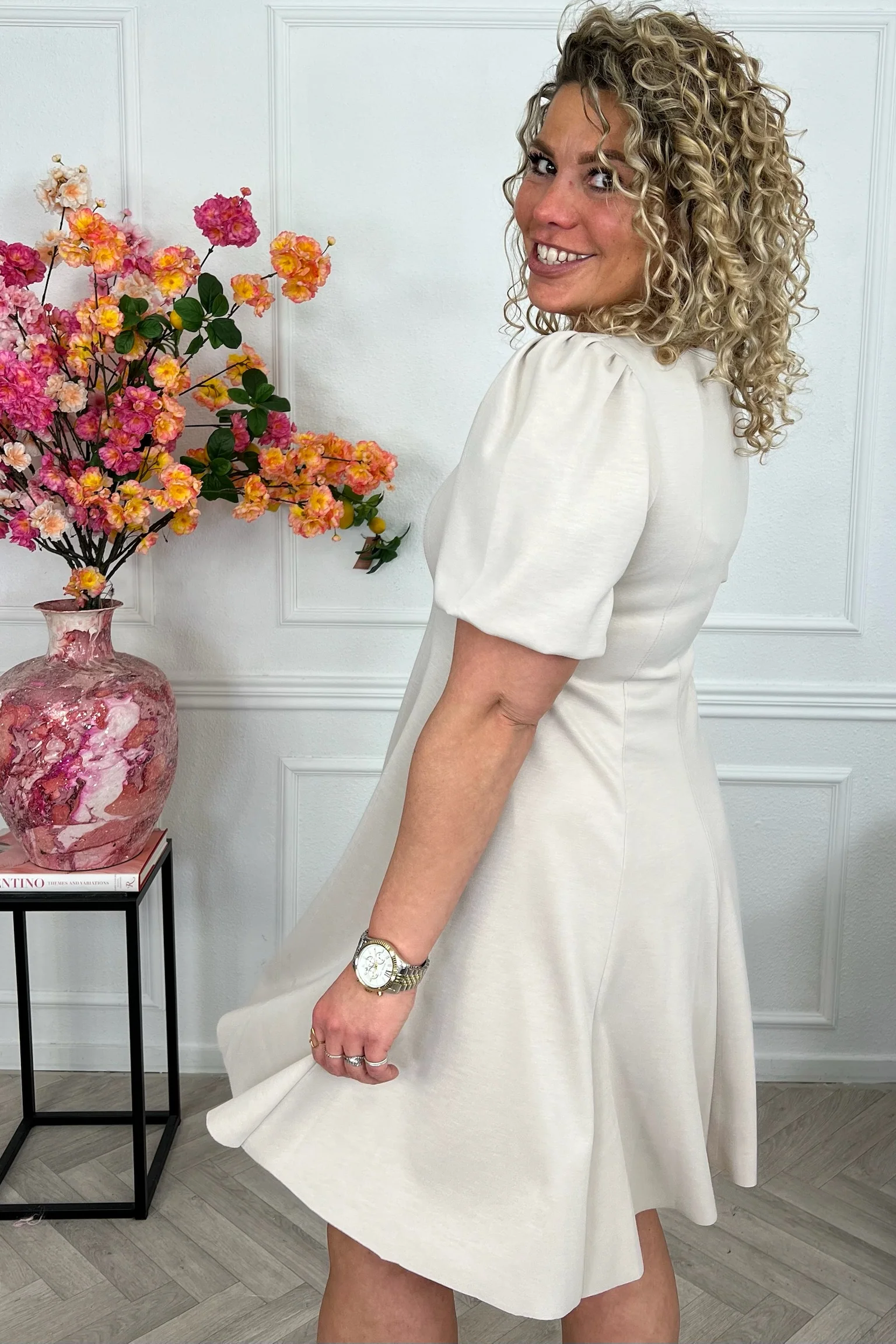 Classy A Line Puffy Sleeve Dress - Beige - Image 4