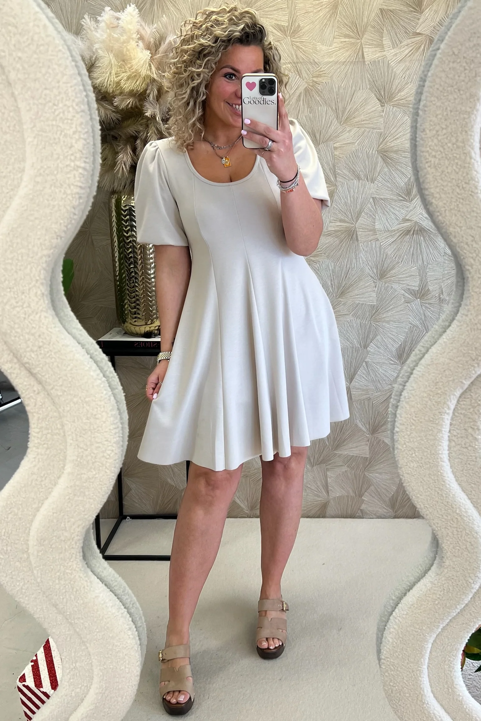 Classy A Line Puffy Sleeve Dress - Beige - Image 5