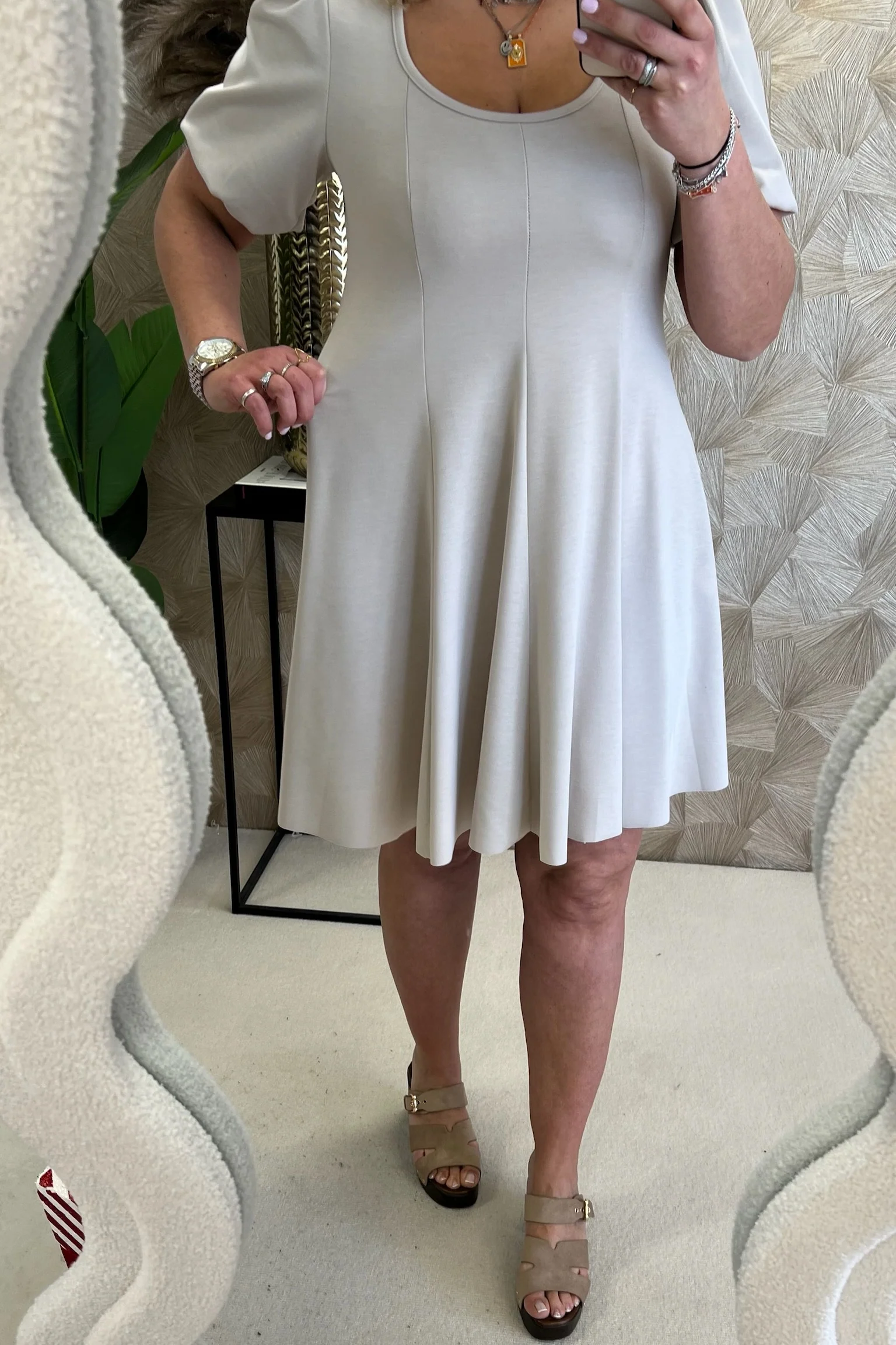 Classy A Line Puffy Sleeve Dress - Beige - Image 6