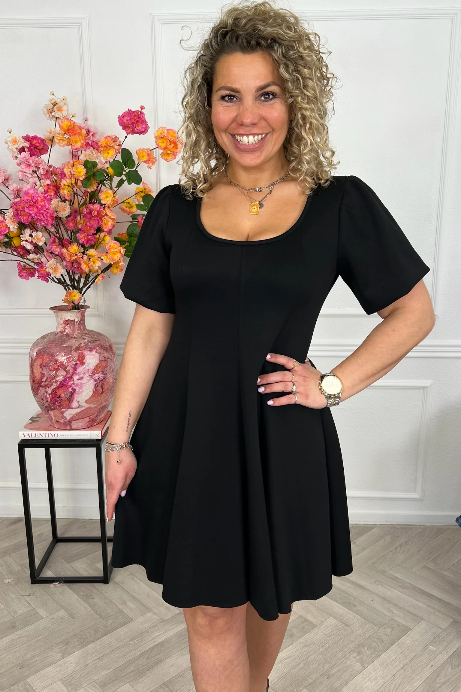 Classy A Line Puffy Sleeve Dress - Black - Image 2