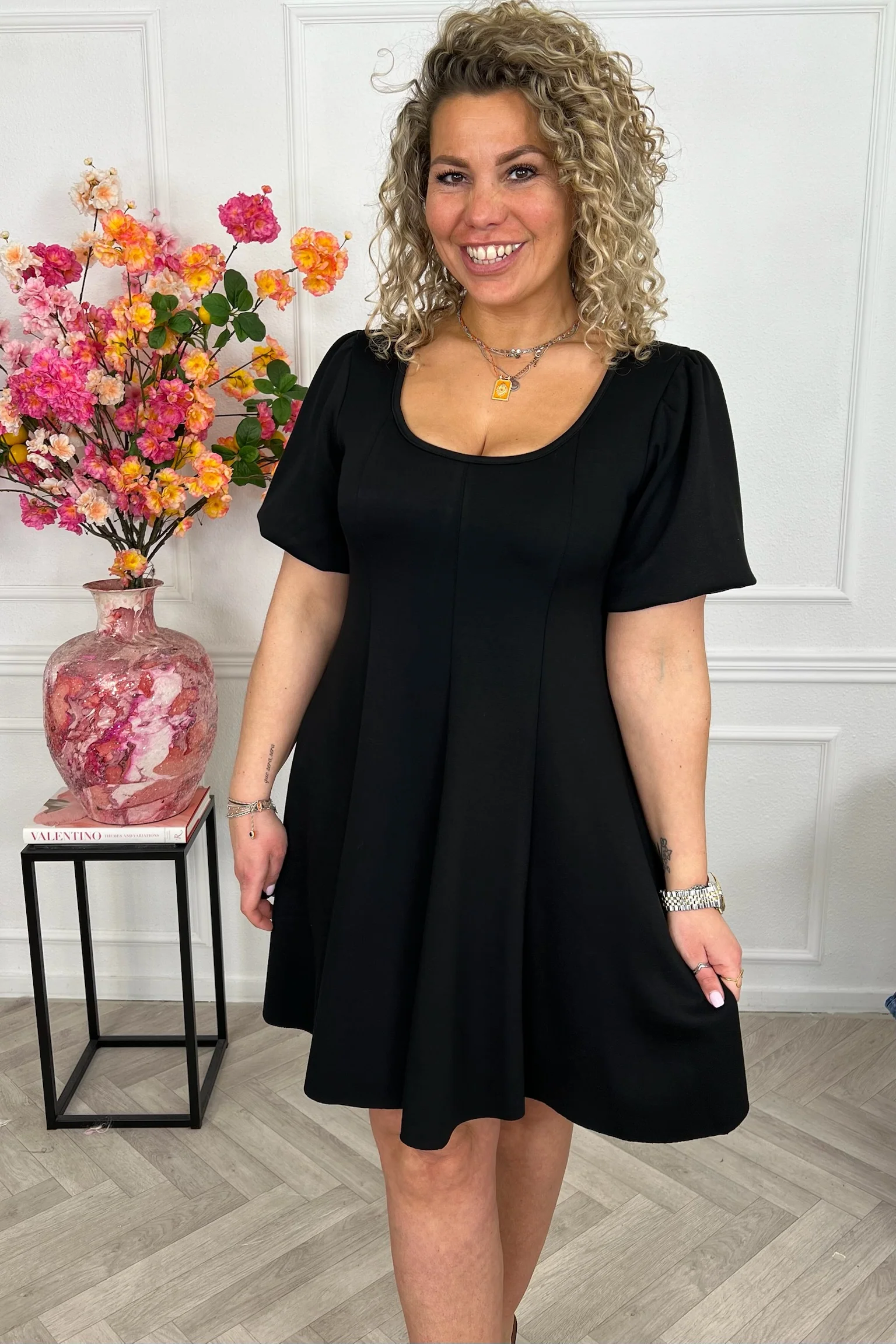 Classy A Line Puffy Sleeve Dress - Black - Image 3