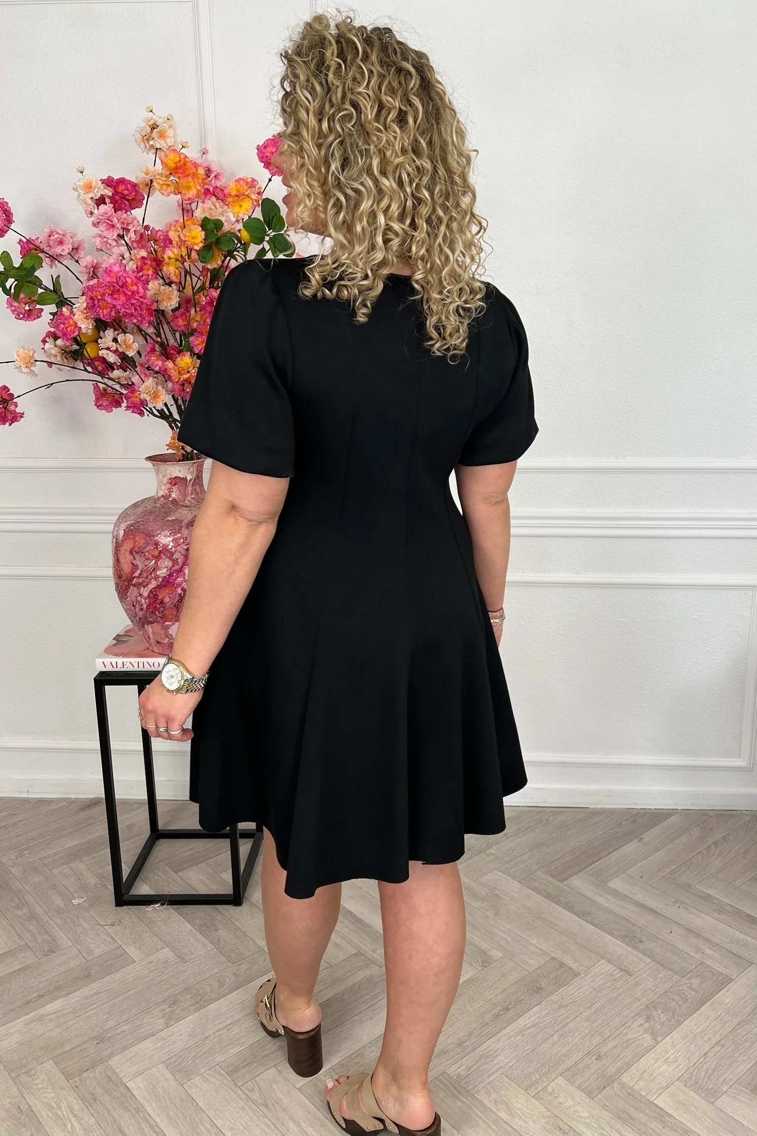 Classy A Line Puffy Sleeve Dress - Black - Image 4