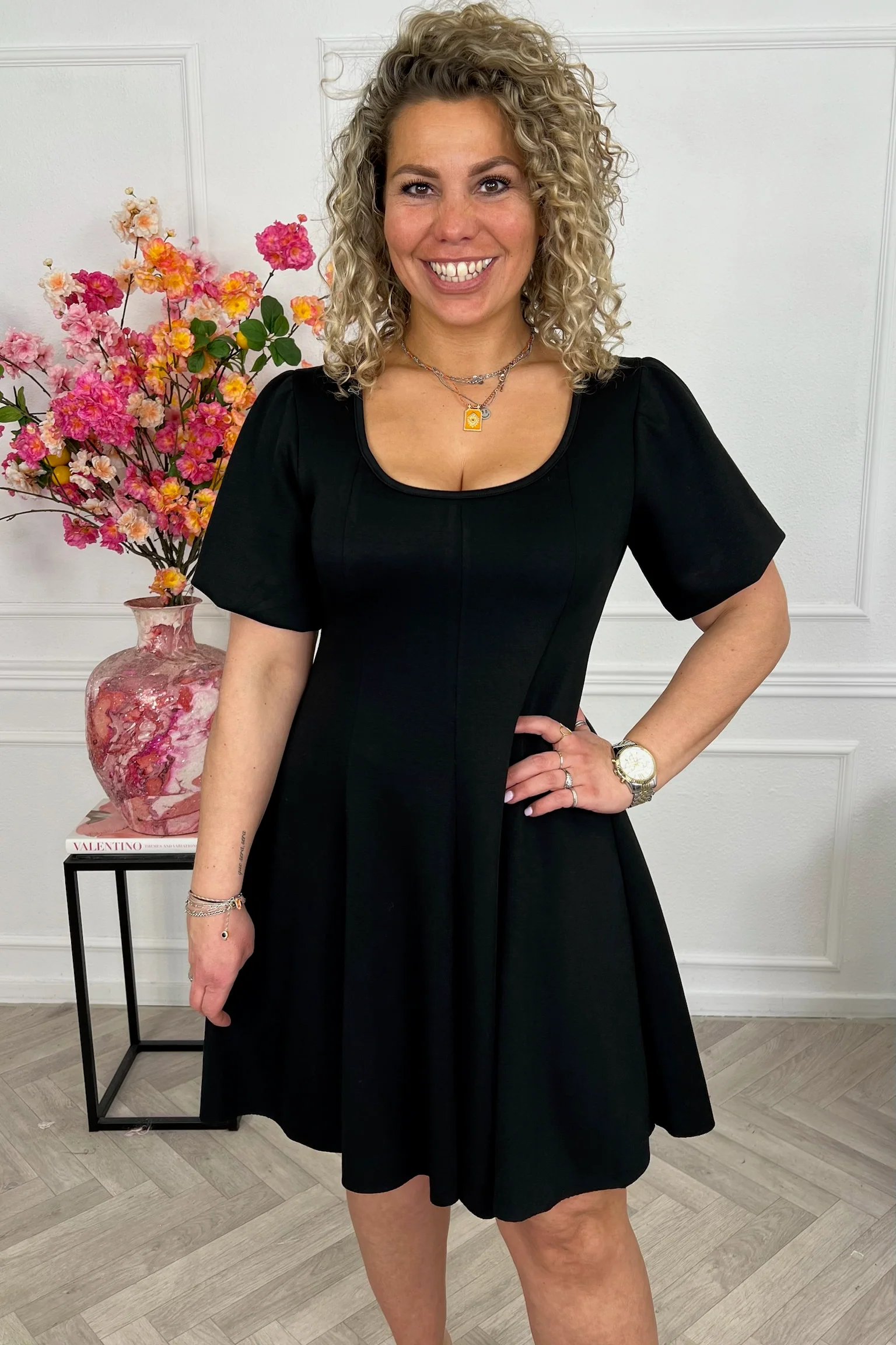 Classy A Line Puffy Sleeve Dress - Black - Image 5