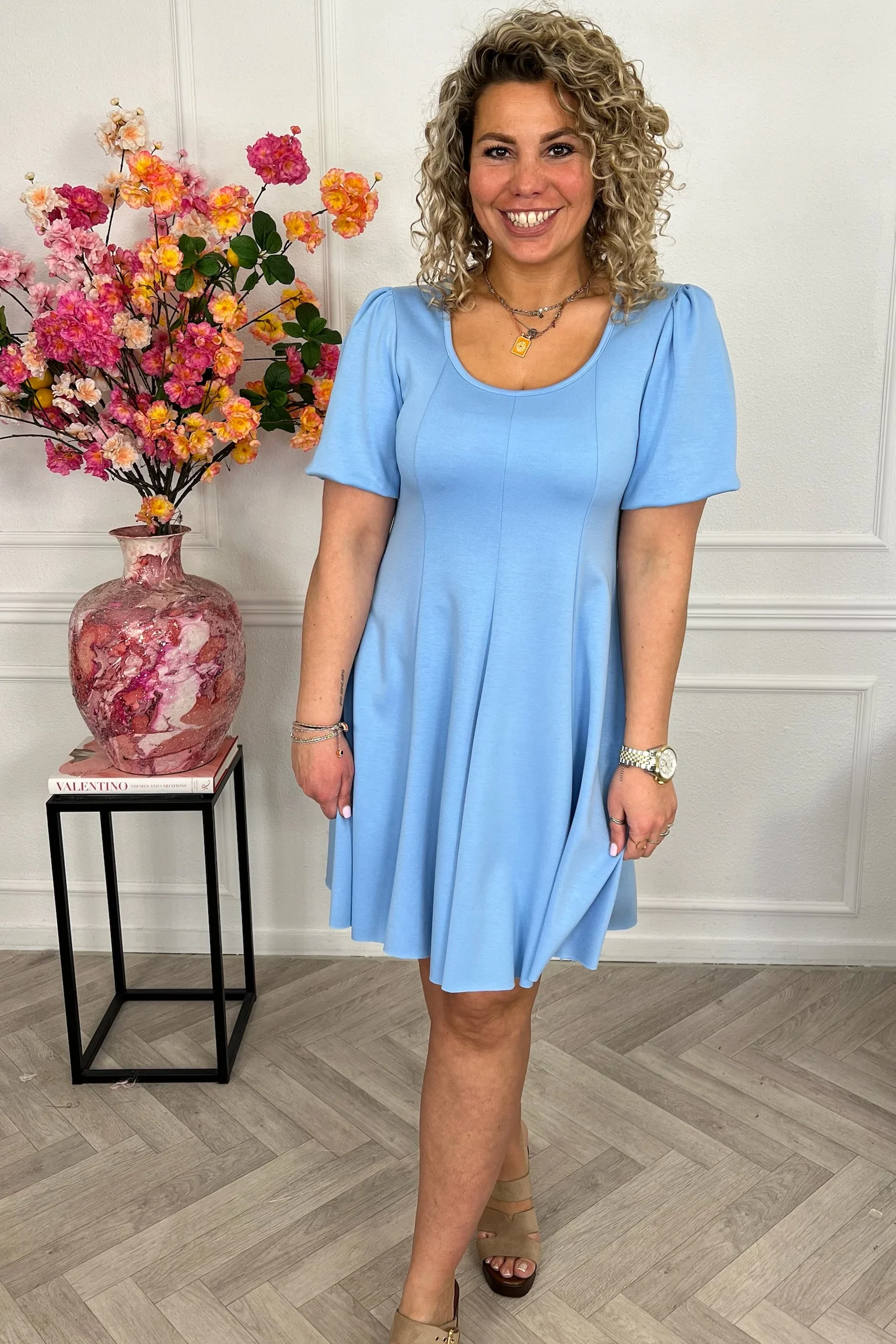 Classy A Line Puffy Sleeve Dress - Light Blue - Image 2