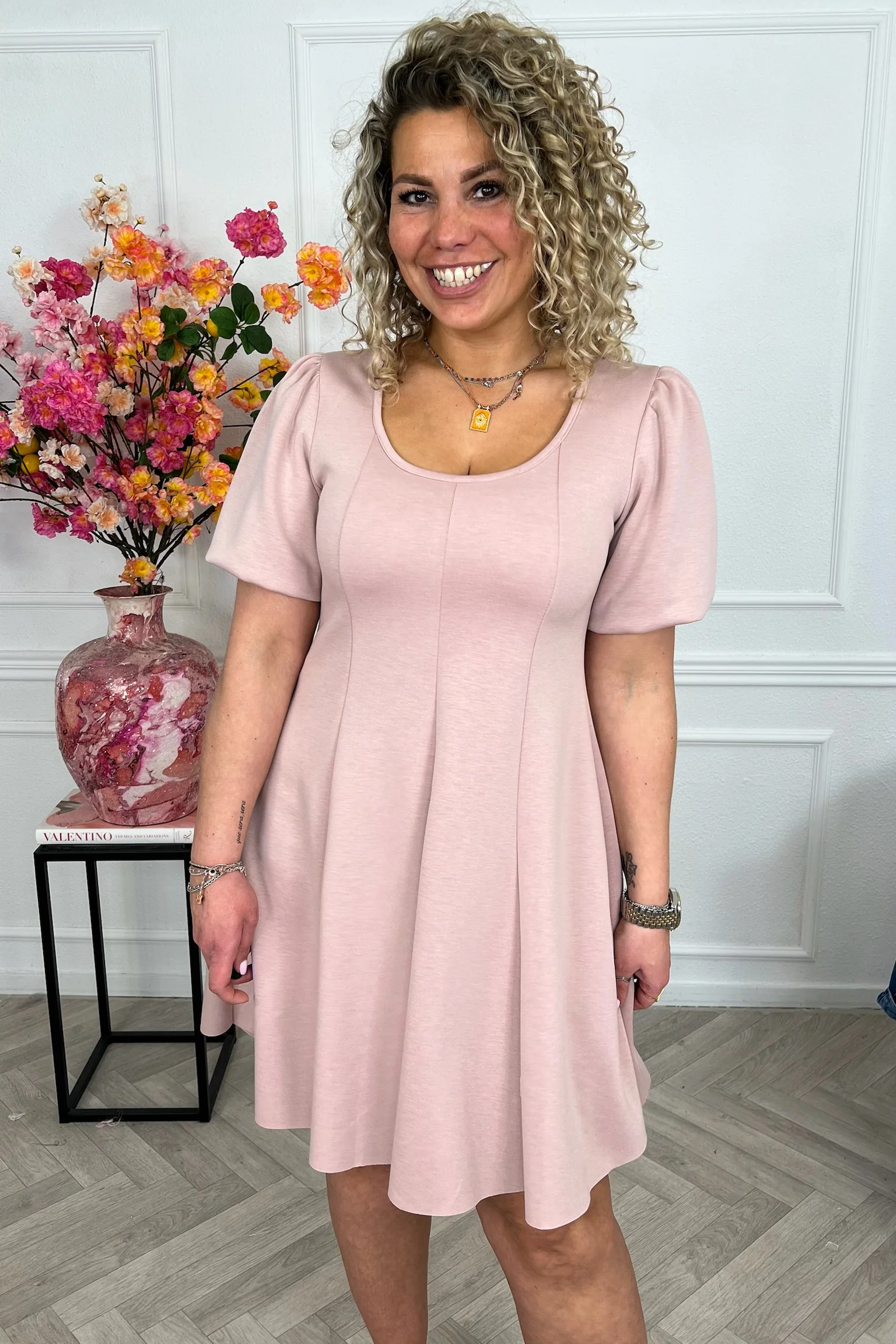 Classy A Line Puffy Sleeve Dress - Old Pink