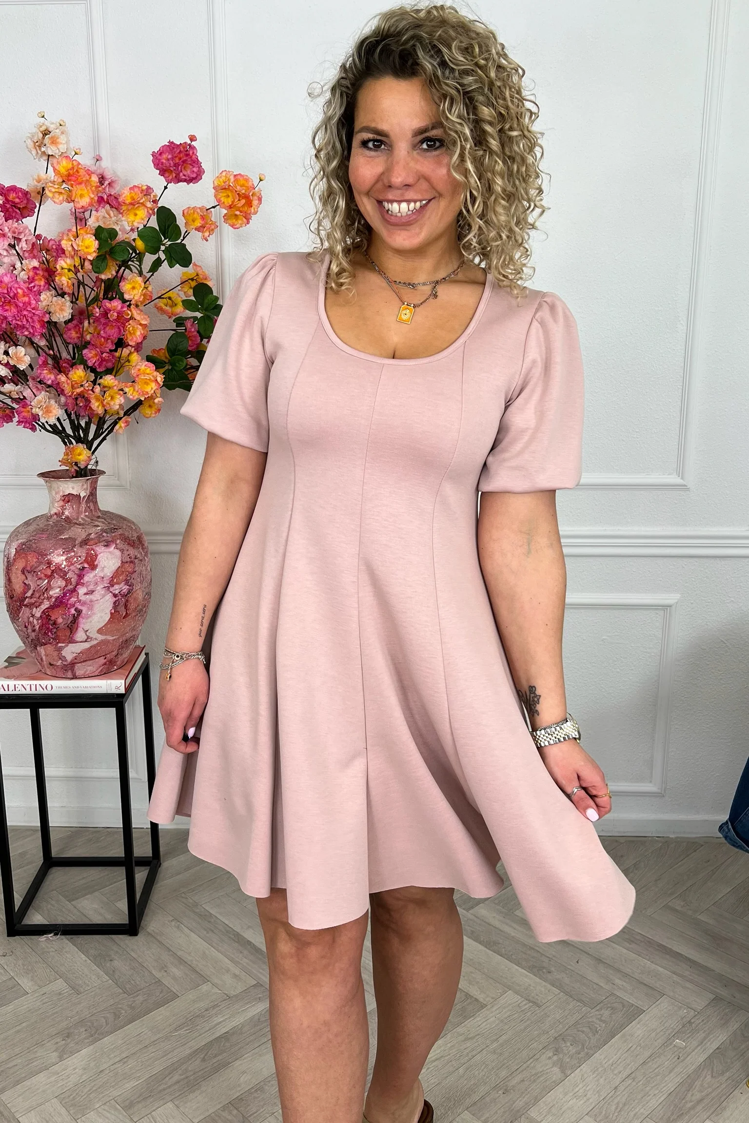 Classy A Line Puffy Sleeve Dress - Old Pink - Image 2
