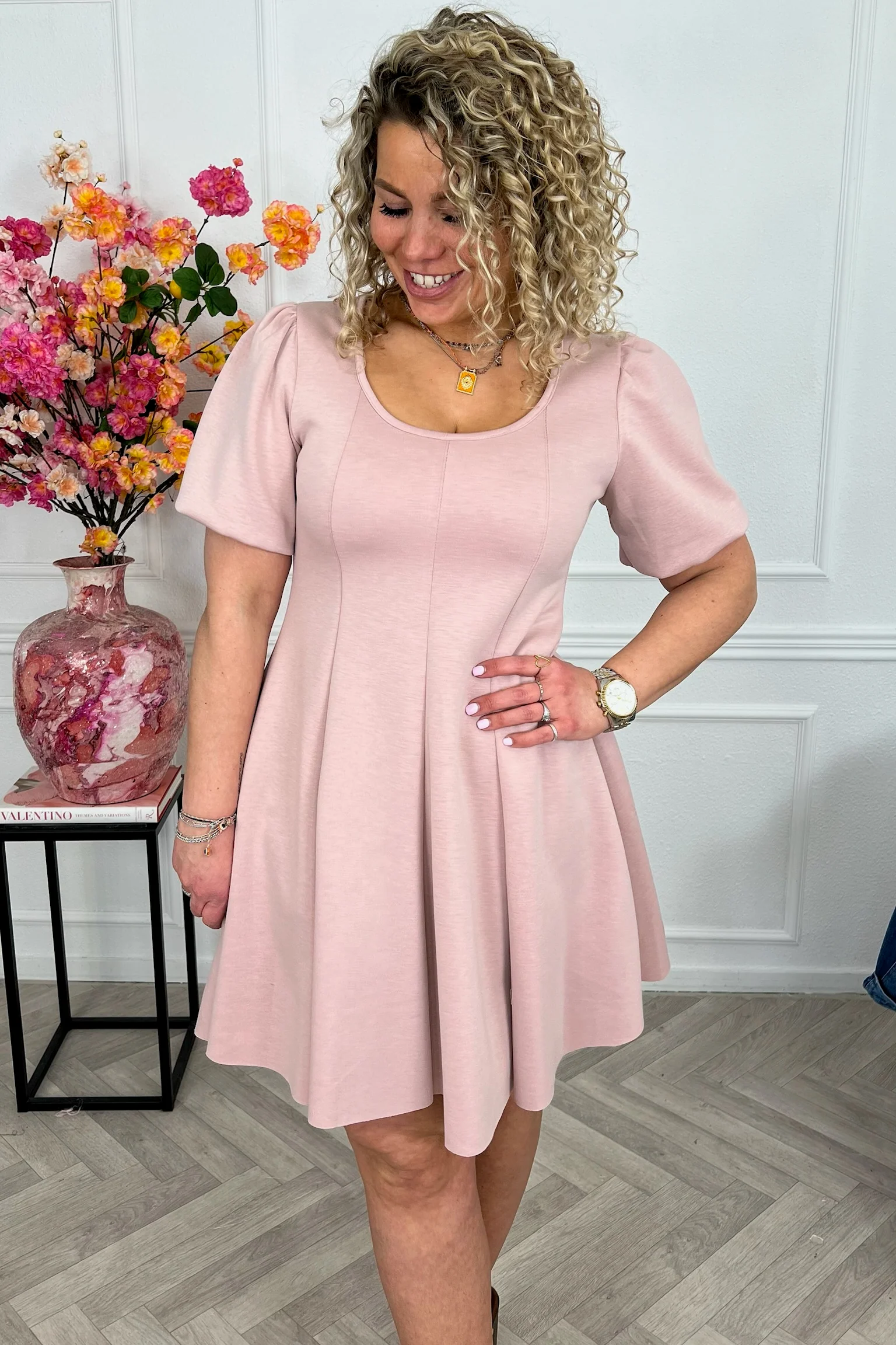 Classy A Line Puffy Sleeve Dress - Old Pink - Image 3
