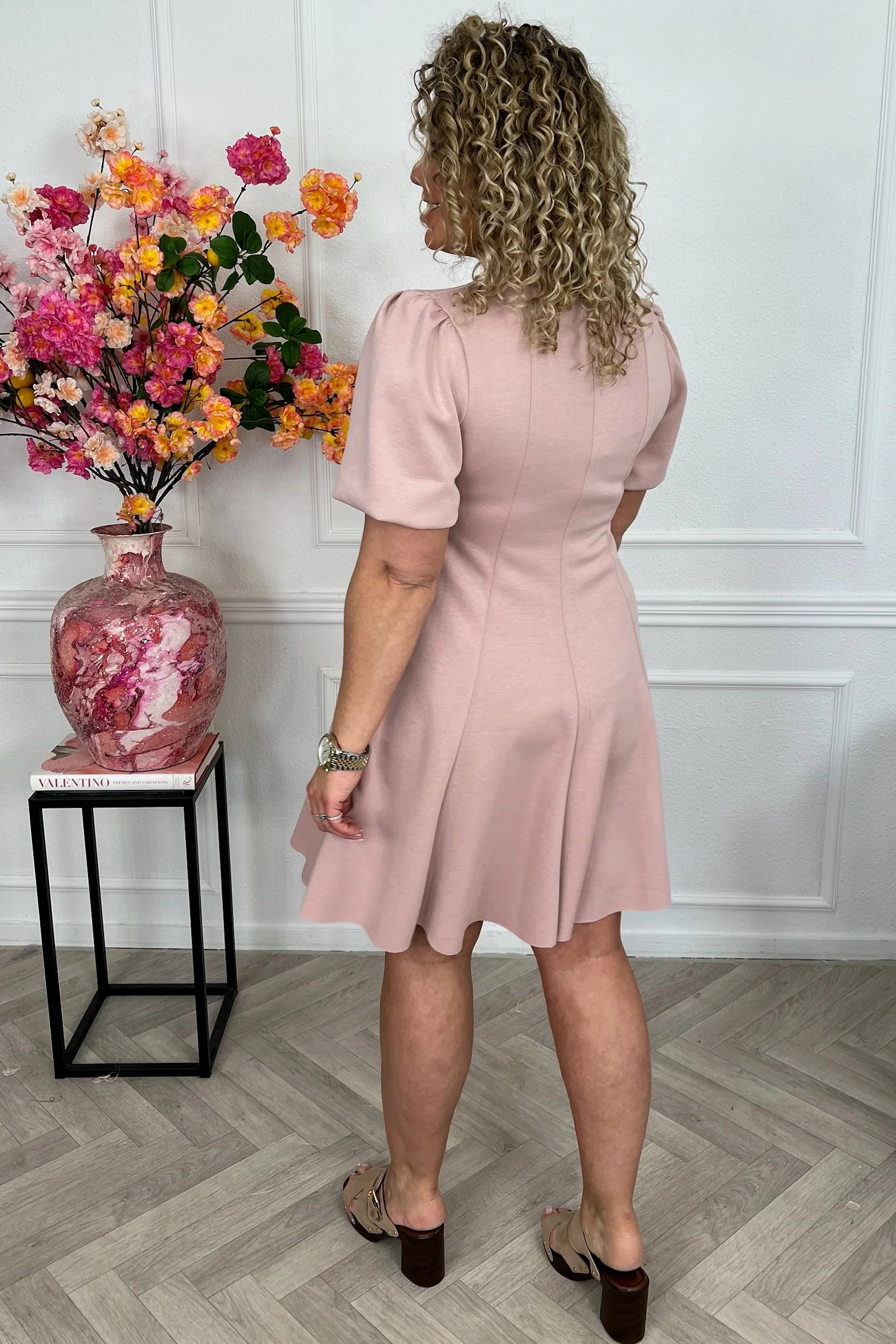 Classy A Line Puffy Sleeve Dress - Old Pink - Image 4