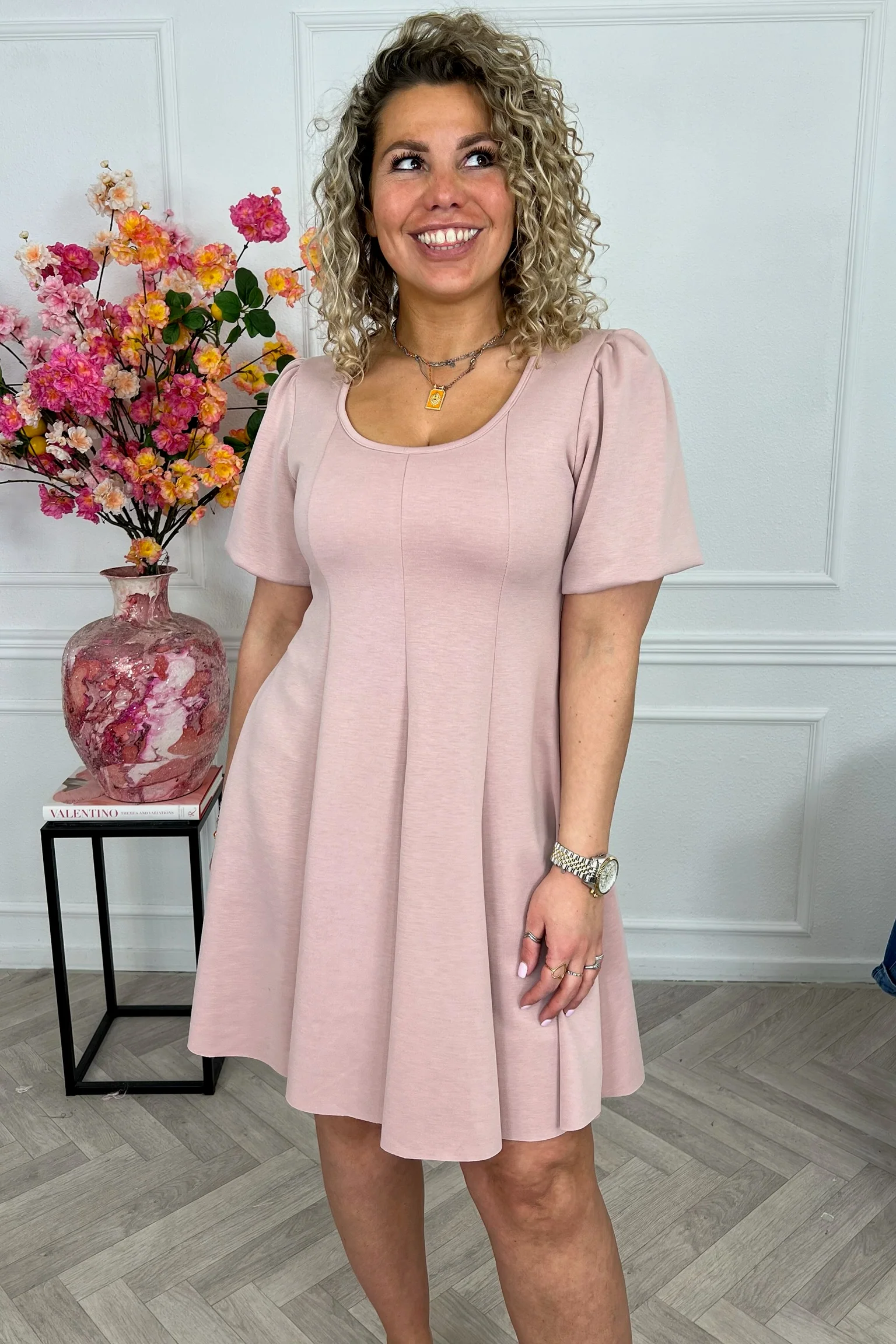 Classy A Line Puffy Sleeve Dress - Old Pink - Image 5