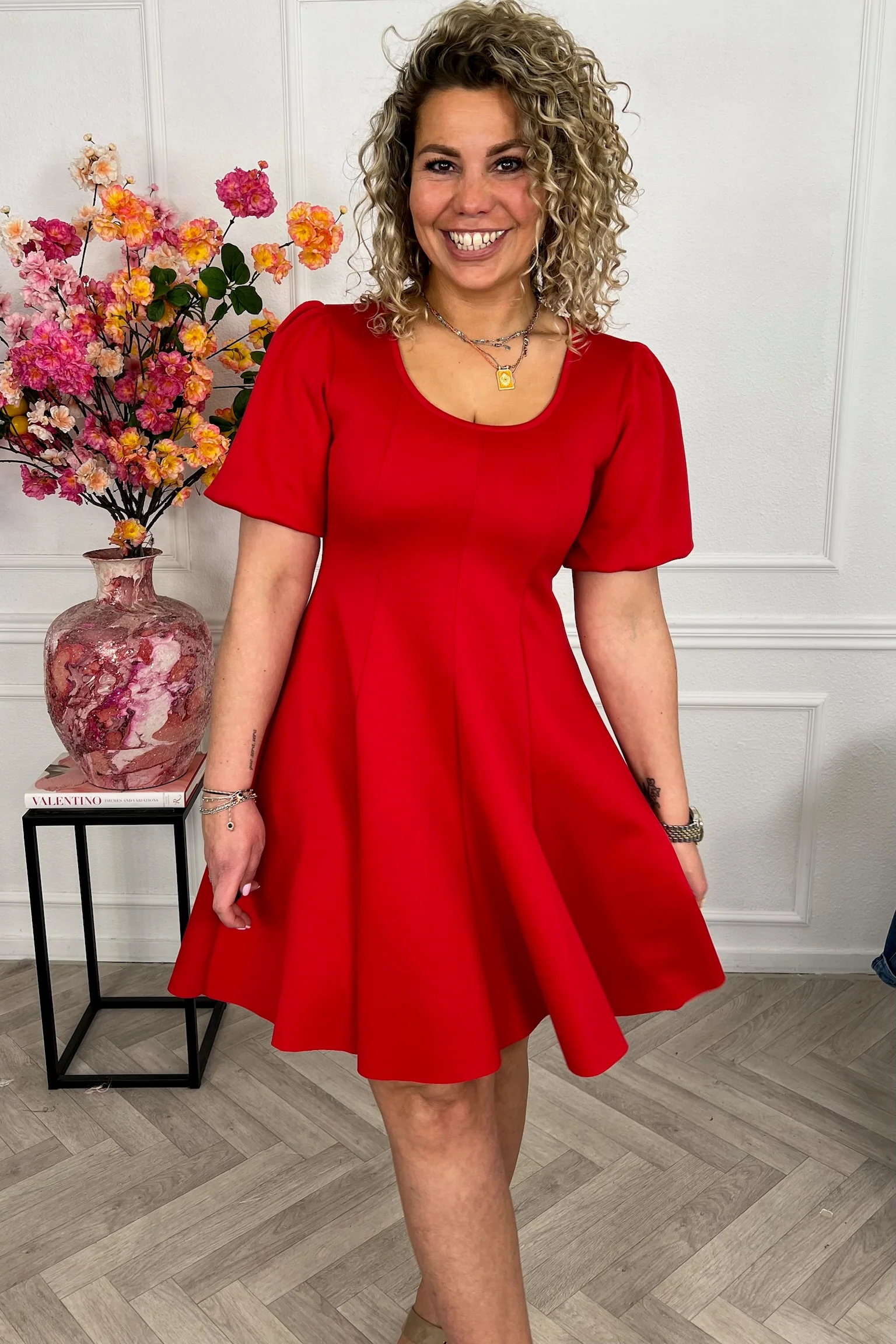 Classy A Line Puffy Sleeve Dress - Red