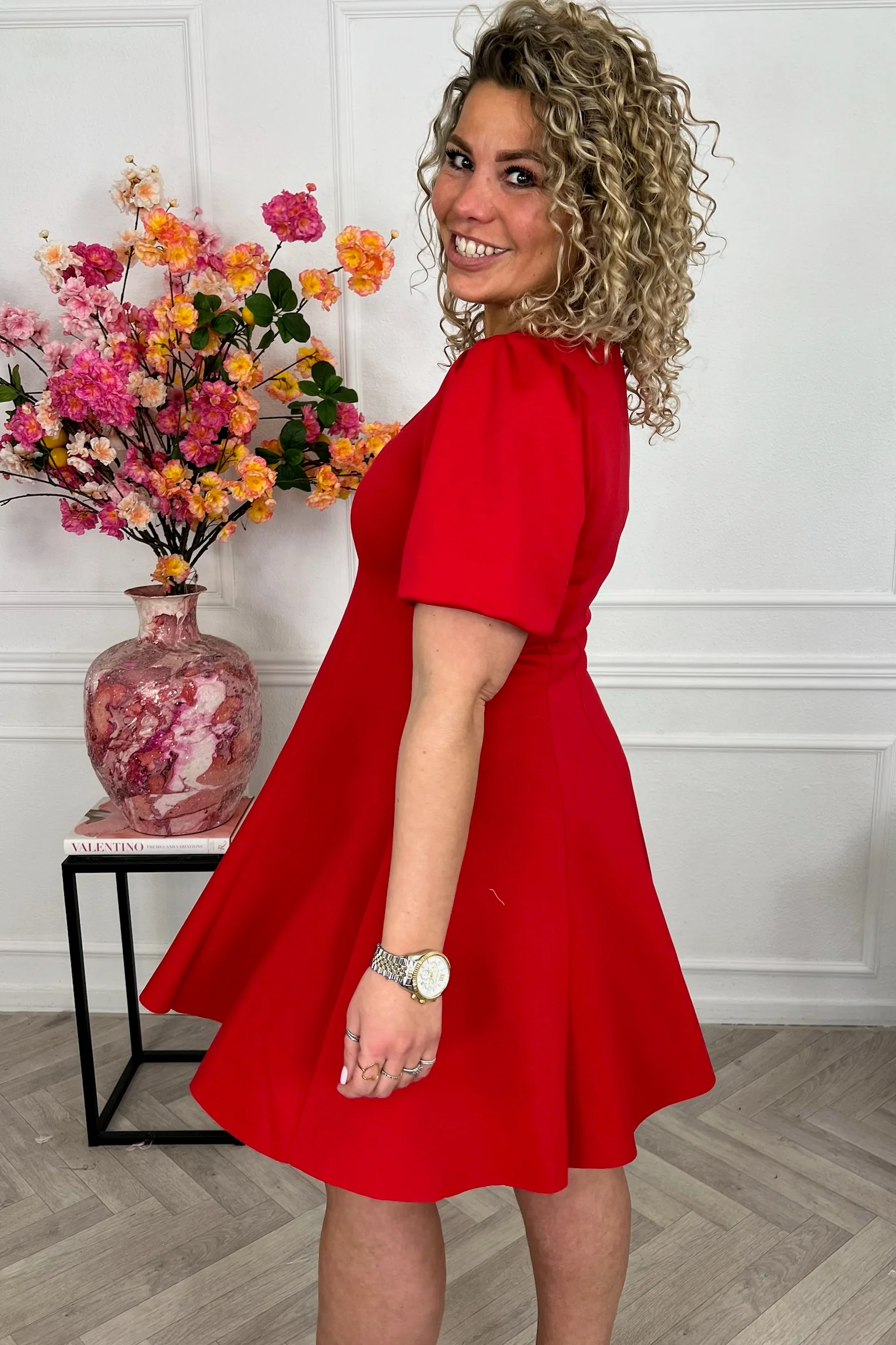 Classy A Line Puffy Sleeve Dress - Red - Image 2