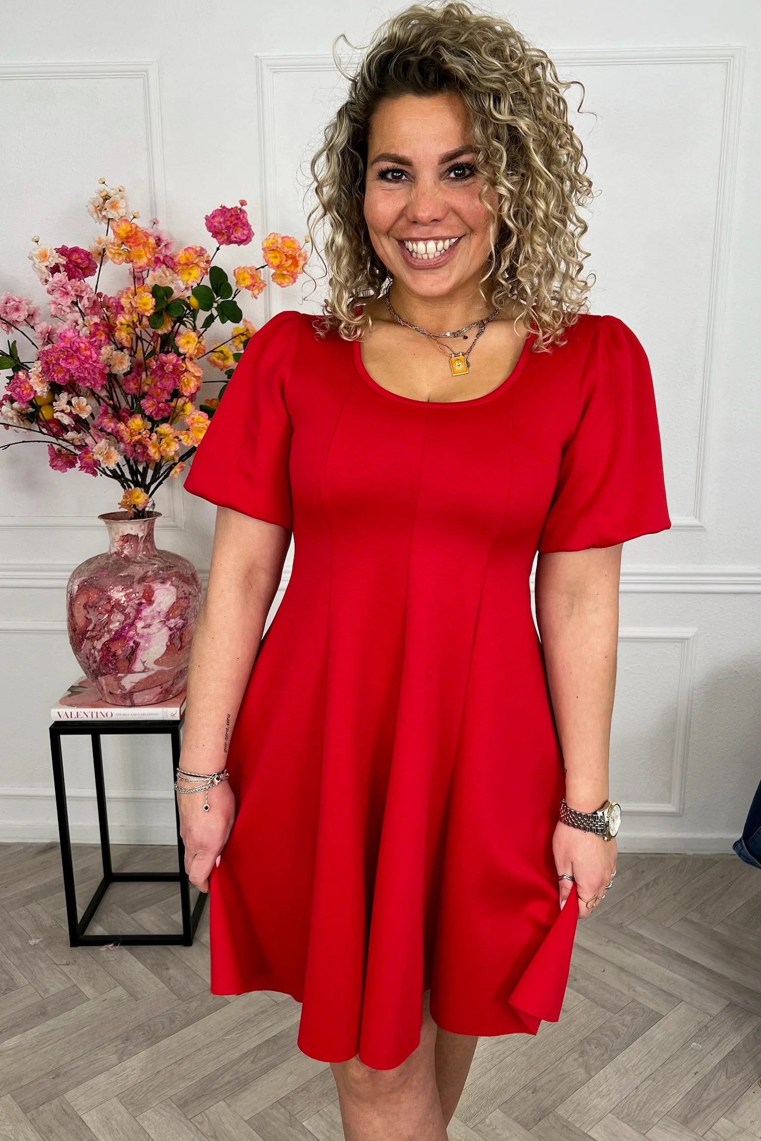 Classy A Line Puffy Sleeve Dress - Red - Image 3