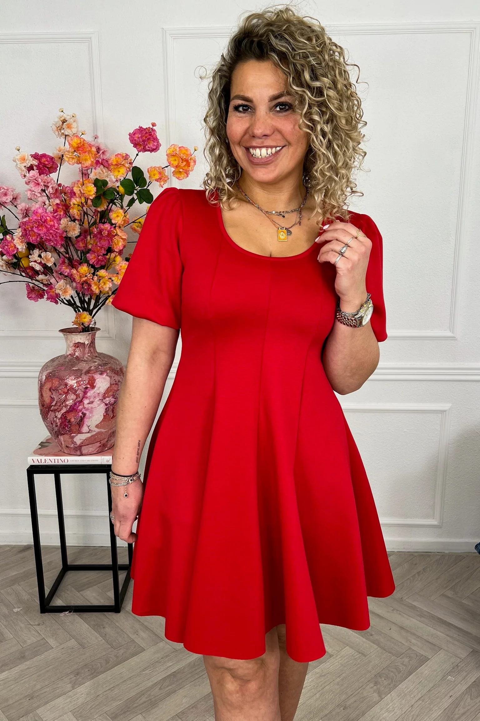 Classy A Line Puffy Sleeve Dress - Red - Image 4