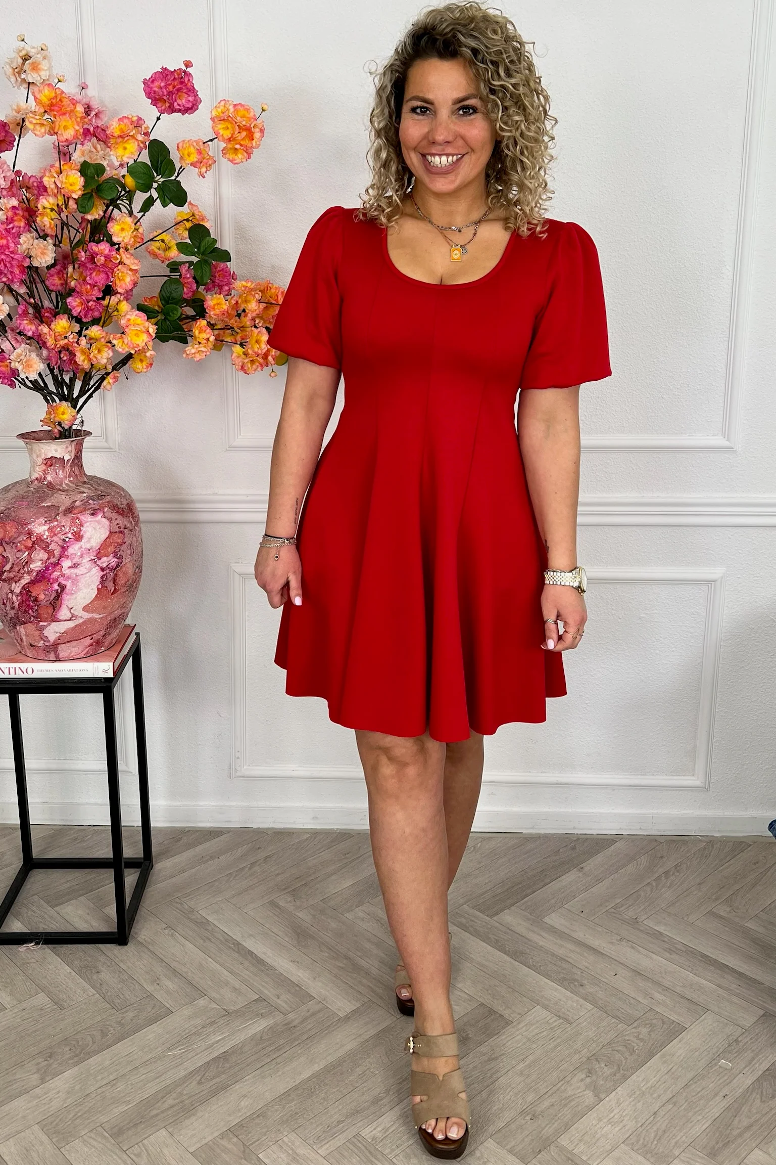 Classy A Line Puffy Sleeve Dress - Red - Image 5