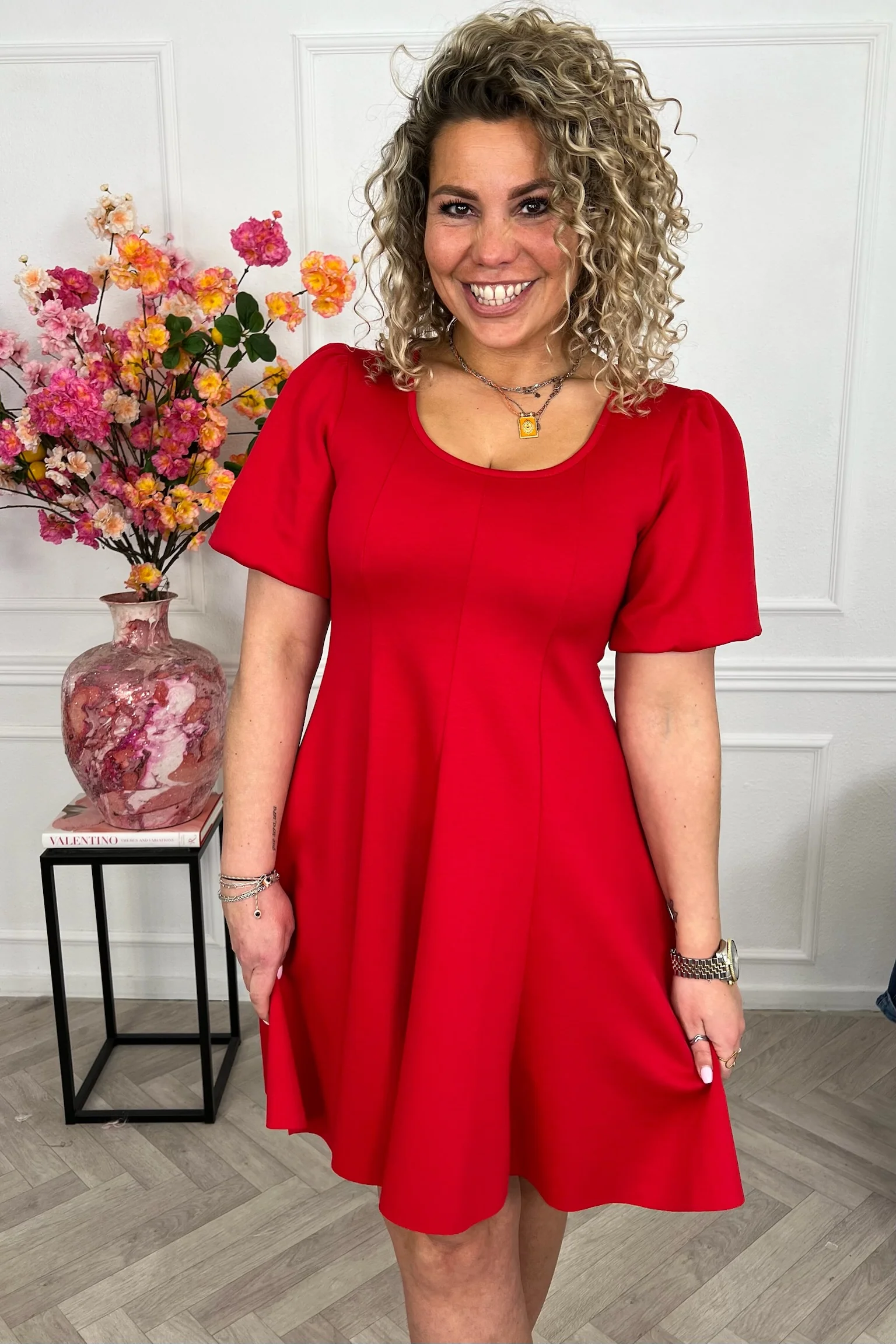 Classy A Line Puffy Sleeve Dress - Red - Image 6