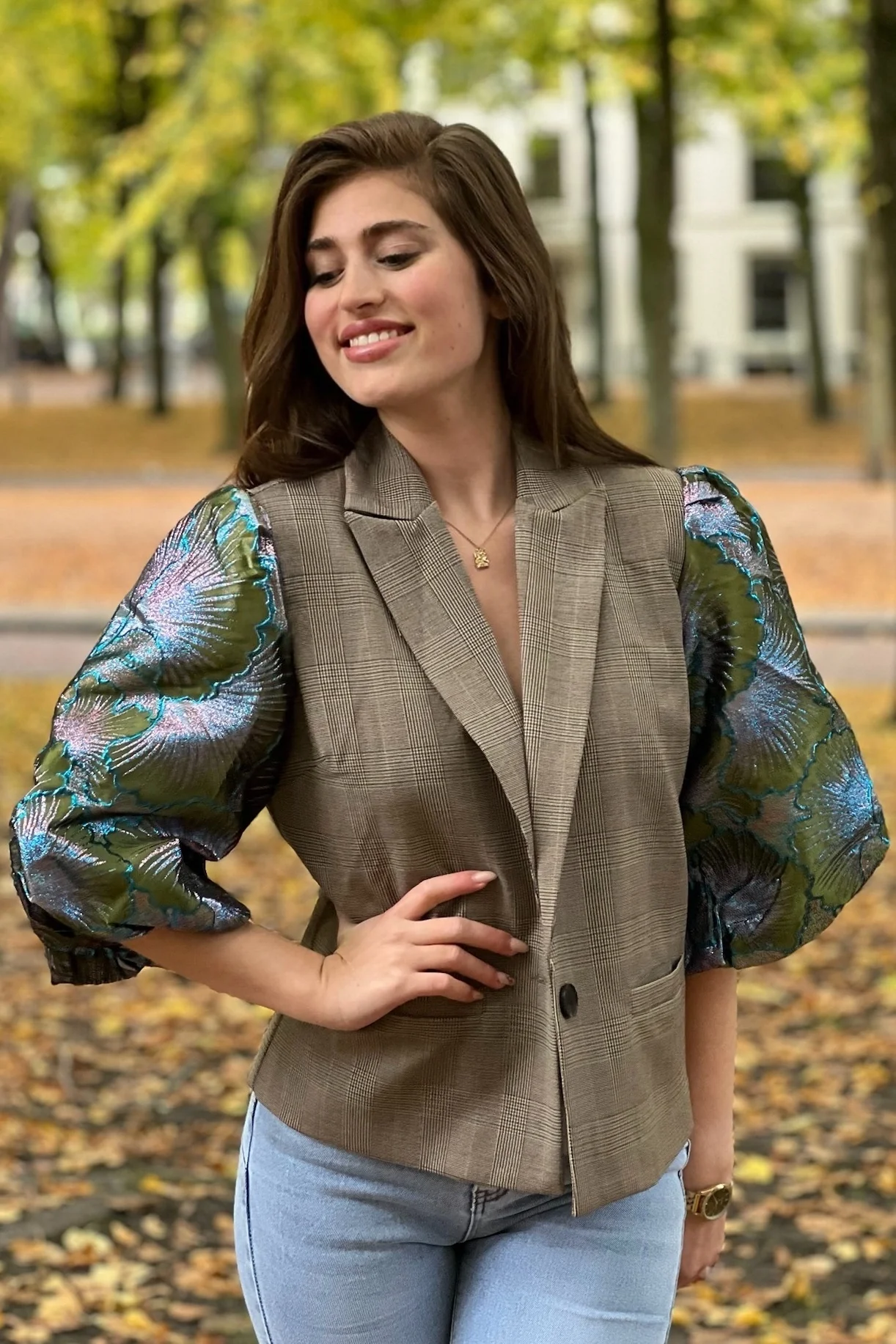 Classy Short Sleeve Blazer - Blue/Olive