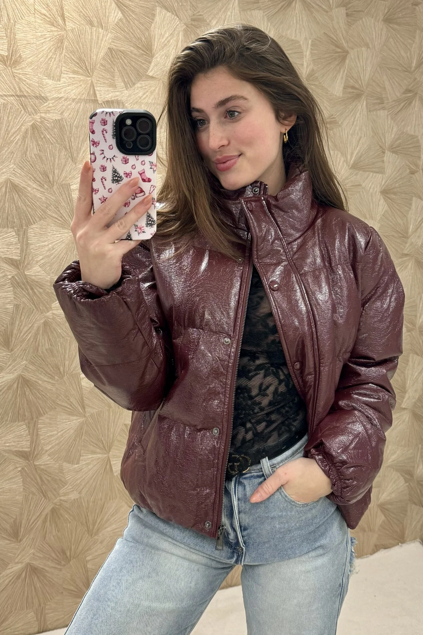 Coated Puffer Jacket - Burgundy - Image 2