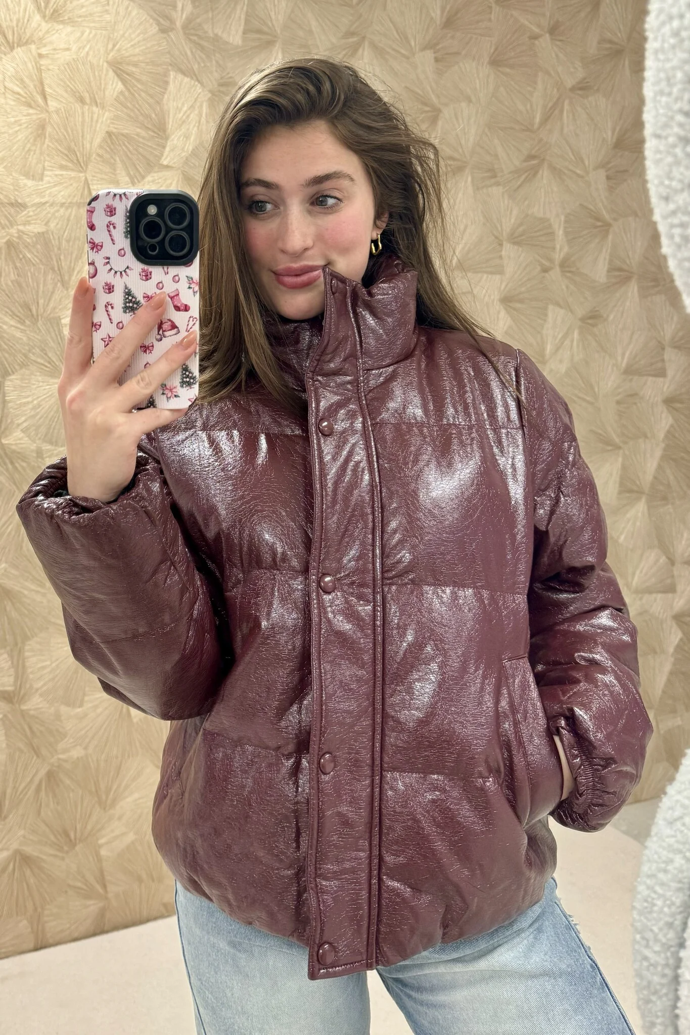 Coated Puffer Jacket - Burgundy - Image 3