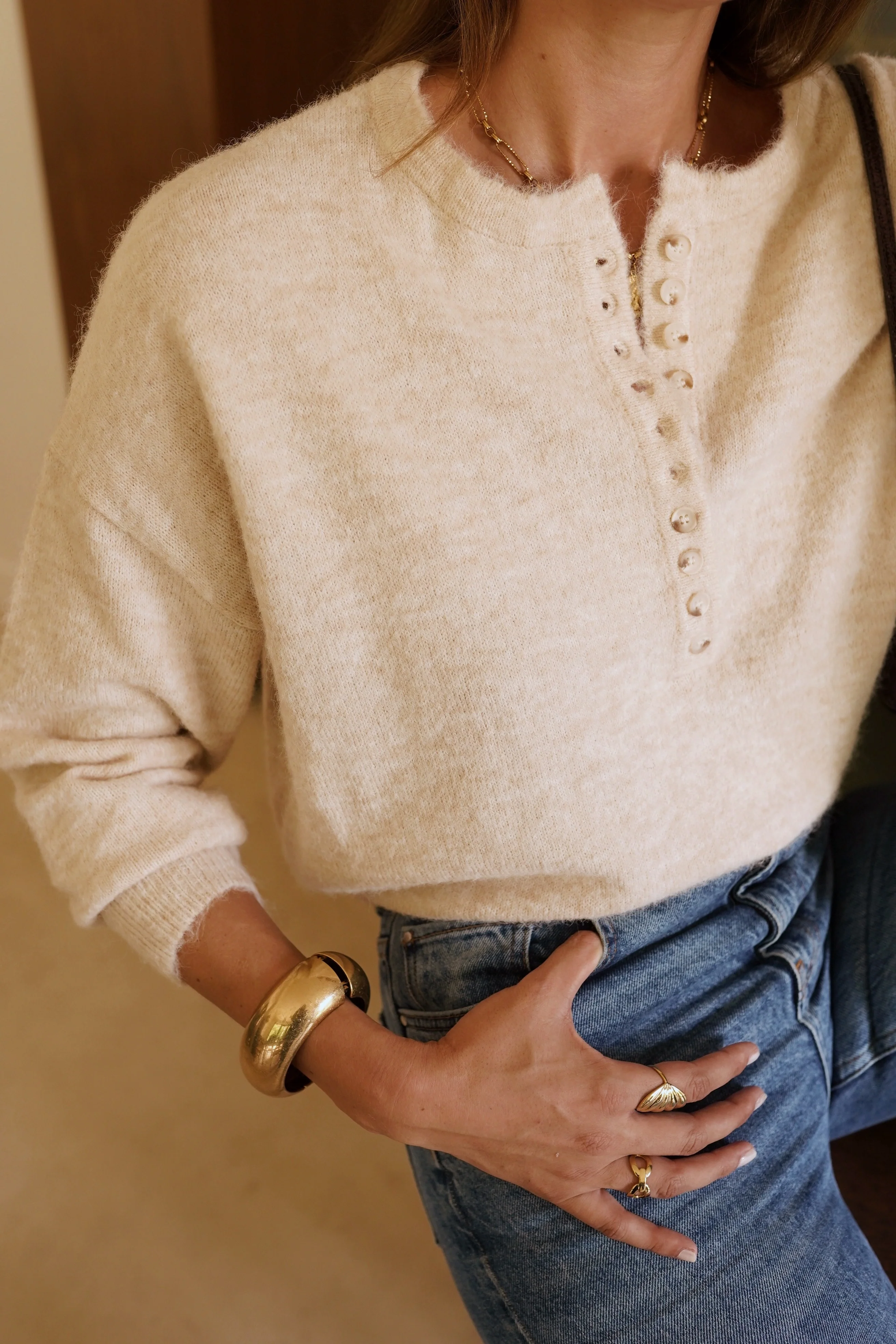 Comfy Button Sweater - Beige - Image 2