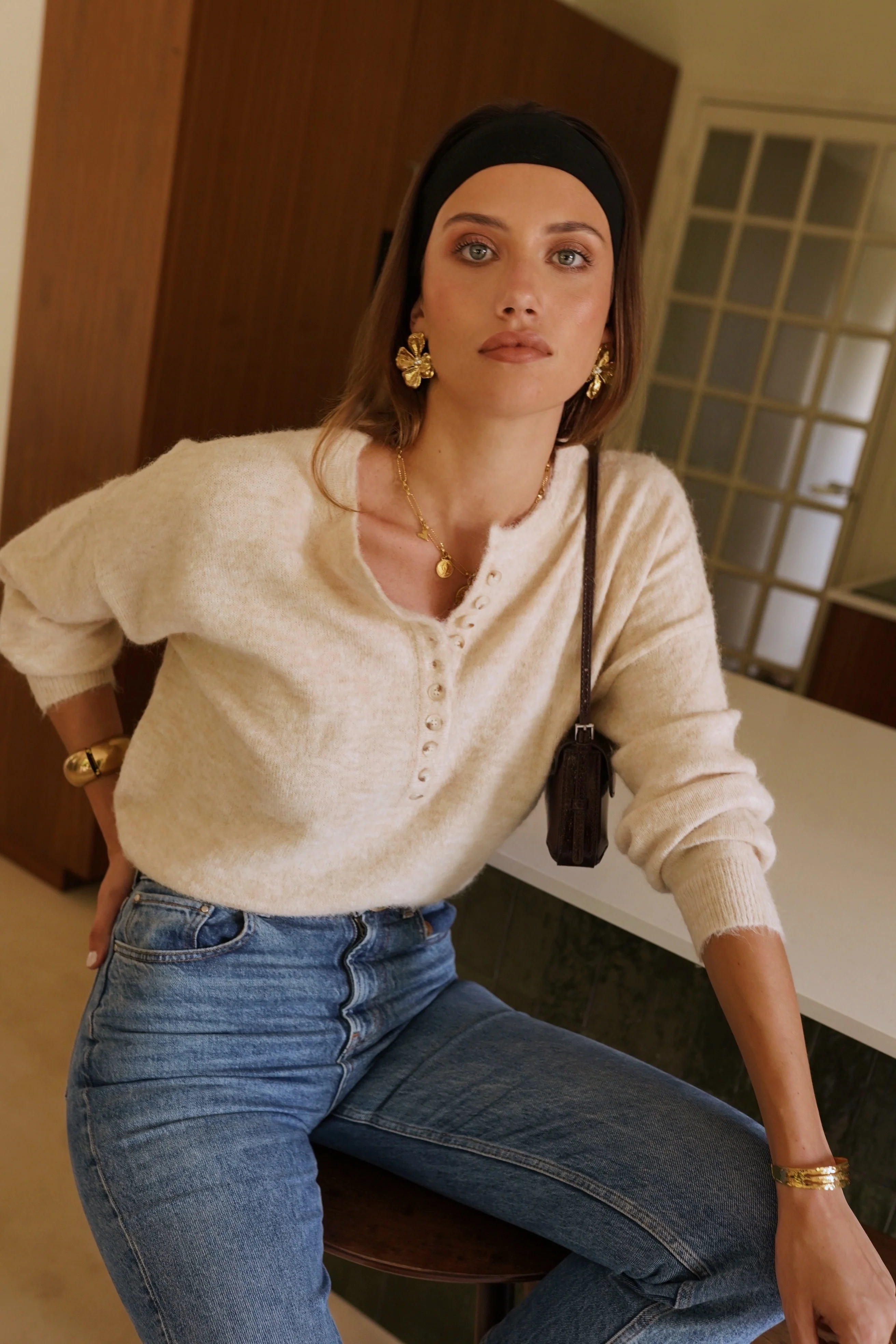 Comfy Button Sweater - Beige - Image 4