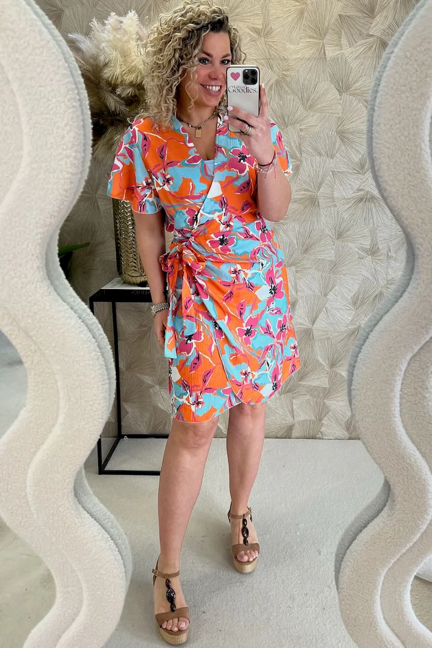 Cotton Barcelona Wrap Dress Celeste - Orange/Turquoise - Image 3
