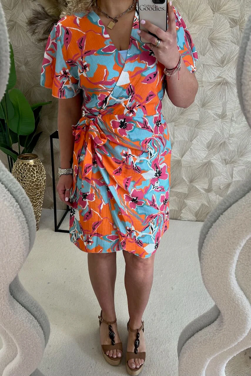 Cotton Barcelona Wrap Dress Celeste - Orange/Turquoise - Image 4