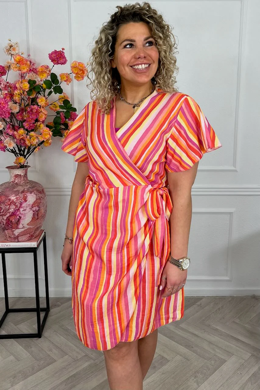 Cotton Barcelona Wrap Dress Lines - Pink/Red - Image 3