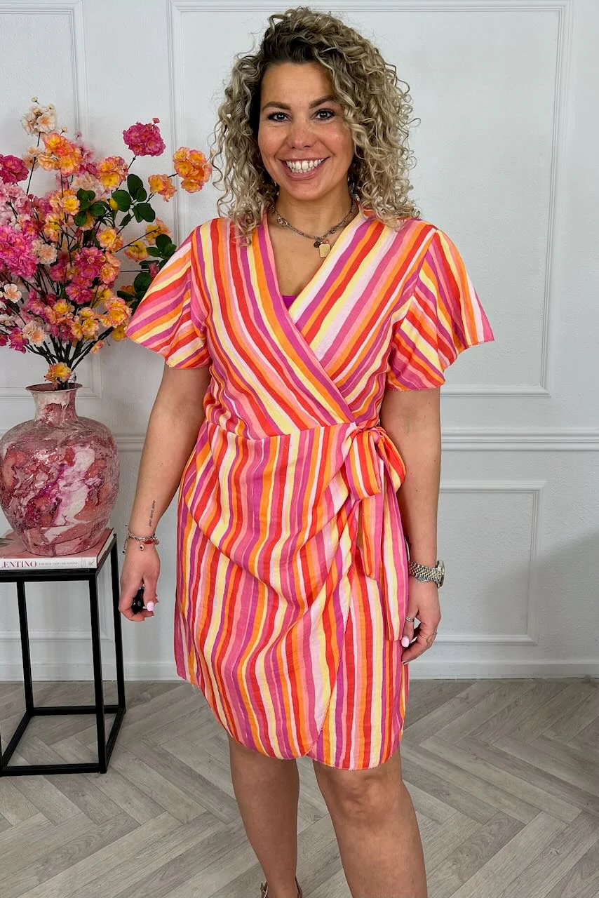 Cotton Barcelona Wrap Dress Lines - Pink/Red - Image 4