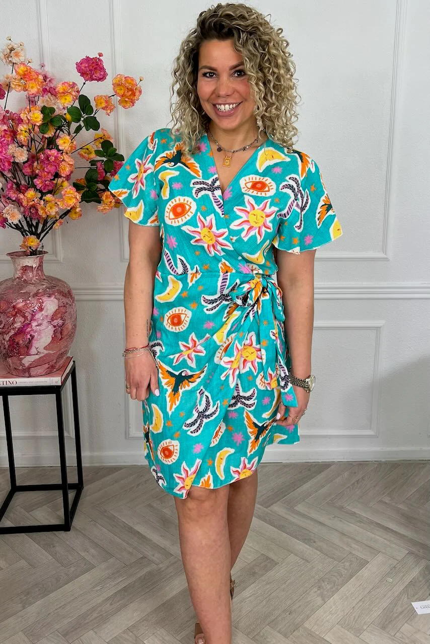 Cotton Barcelona Wrap Dress Tropical - Turquoise - Image 2